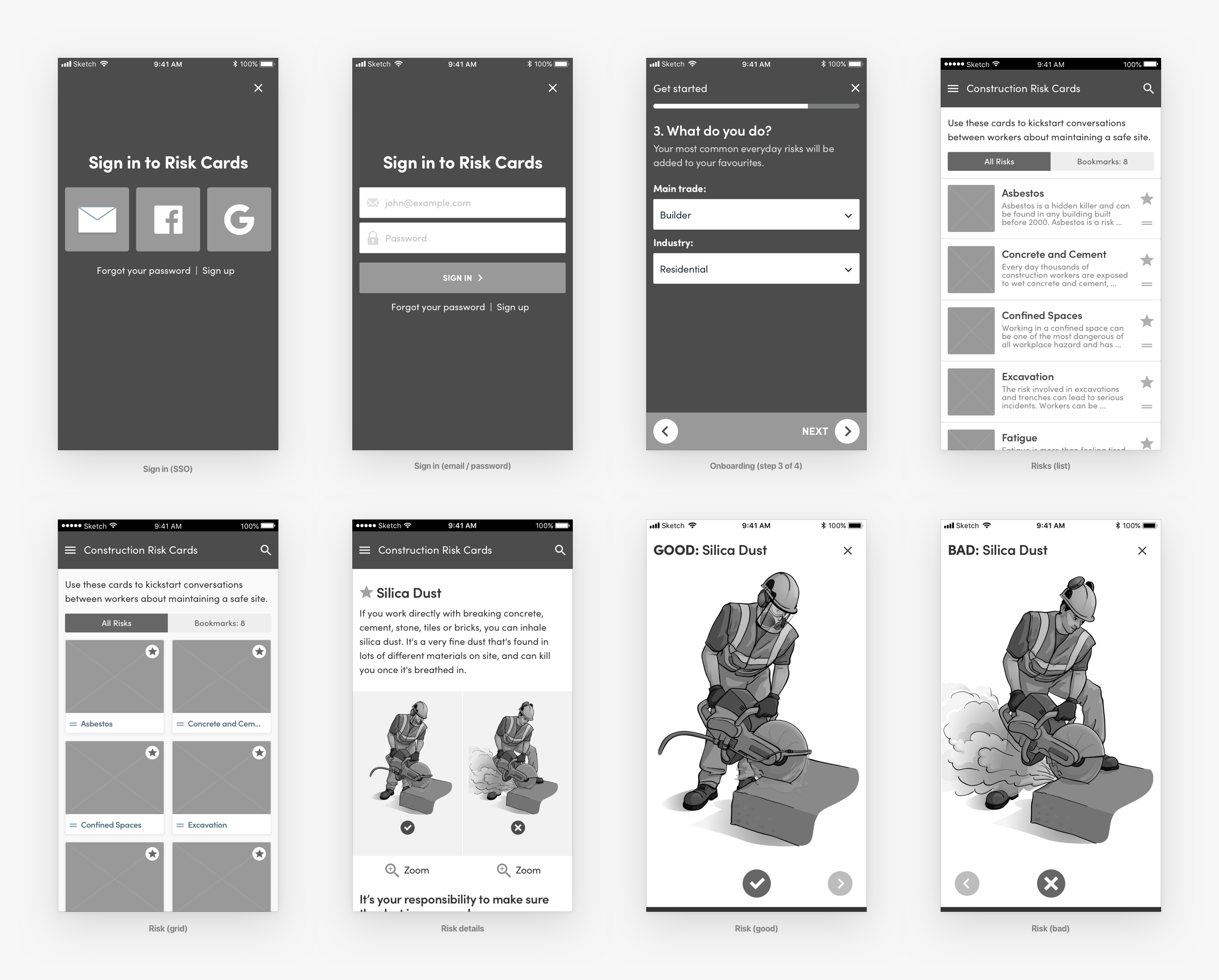 Wireframes for the ACC health and safety risk assessment app