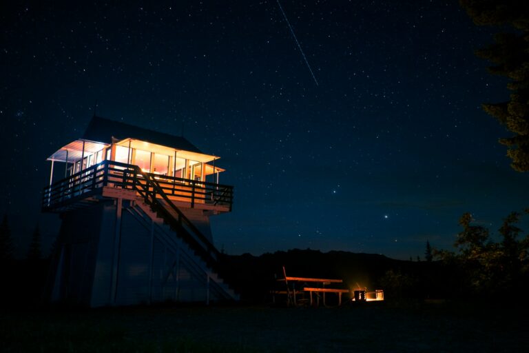 Illuminated wooden fire lookout tower at night under a star-filled sky with a glowing campfire below, illustrating outdoor solitude and astrophotography.