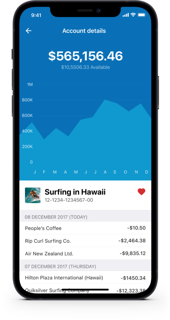 Mobile UI screen showing core banking account details with an interactive balance history line chart and recent transaction list.