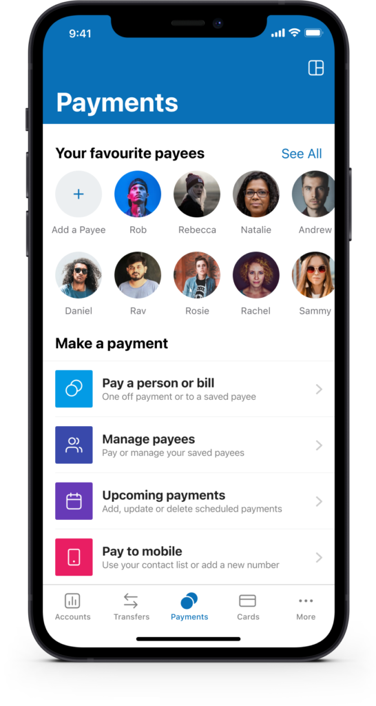 Mobile UI screen showing the payments hub with favourite payees in a top horizontal row and primary payment action options below.