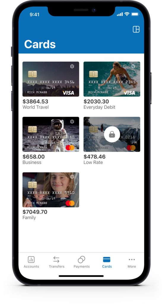 Mobile UI screen displaying a grid of custom debit and credit cards with balance details and a locked card indicator.