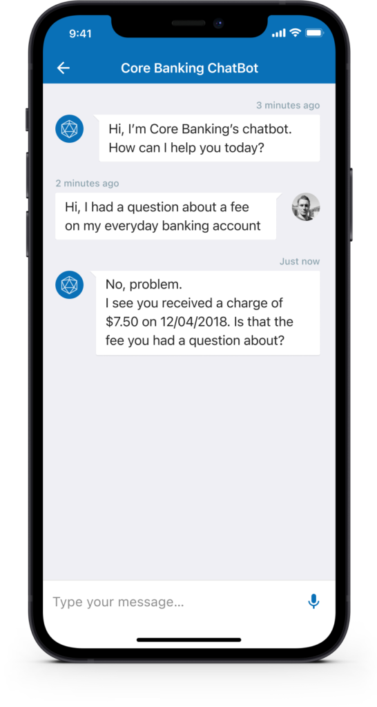 Mobile UI screen showing an automated chatbot conversational thread answering account fee queries.