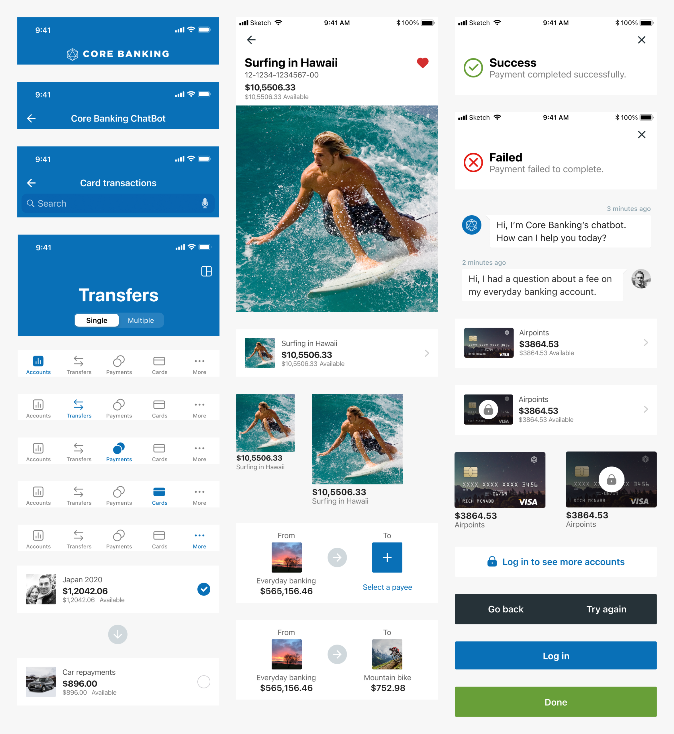 Design system pattern library showcasing modular UI components, navigation bars, card widgets, interactive state buttons, and modal dialogs for a consistent mobile experience.