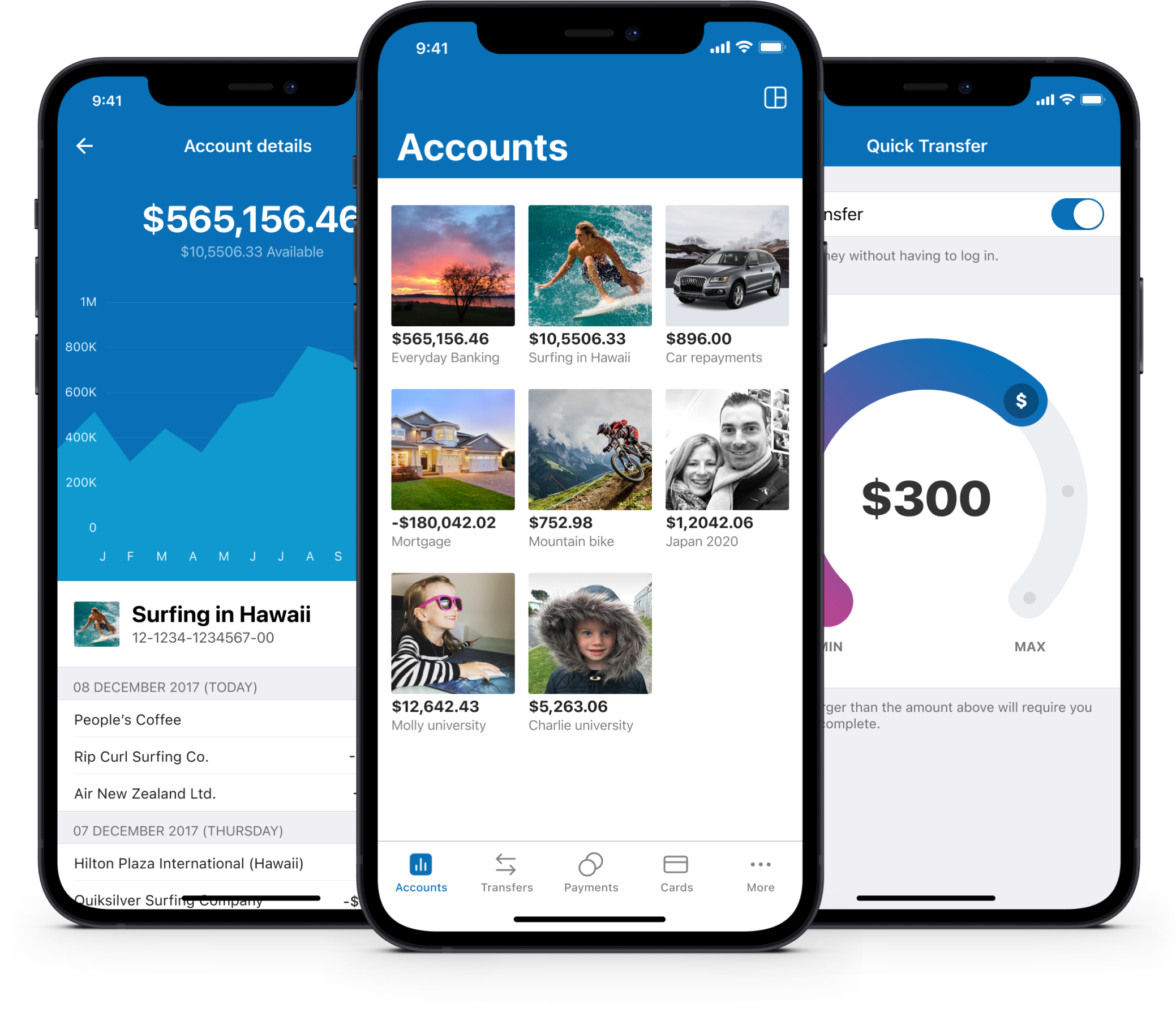 design-portfolio-hero-image Three mobile smartphones displaying a core banking app interface with account balances, personal goal categories, and quick money transfer screens.