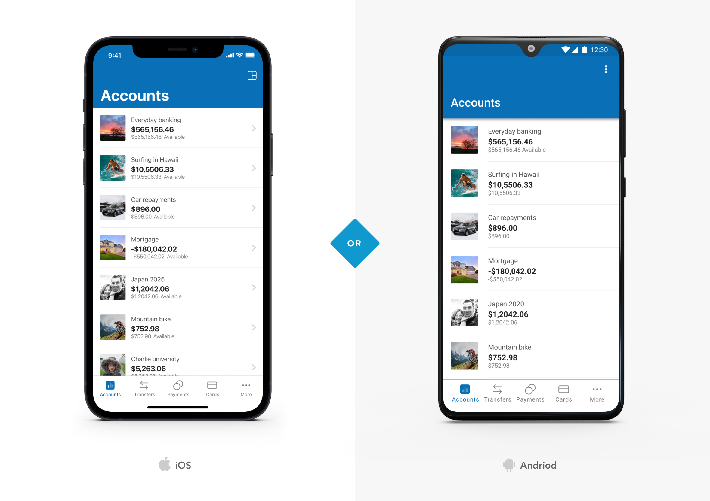 Side-by-side UI comparison of the Core Banking accounts list screen on iOS versus Android platforms.