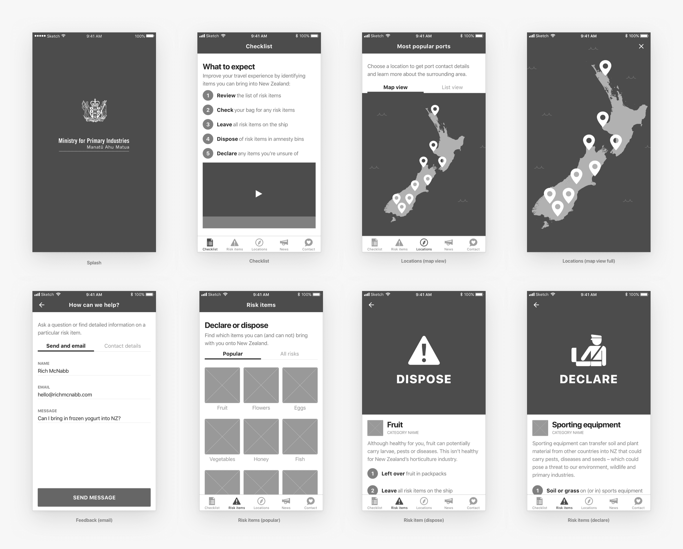 Eight digital wireframe mockups showcasing app screens including splash, checklist, port locations, risk categories, and contact forms.