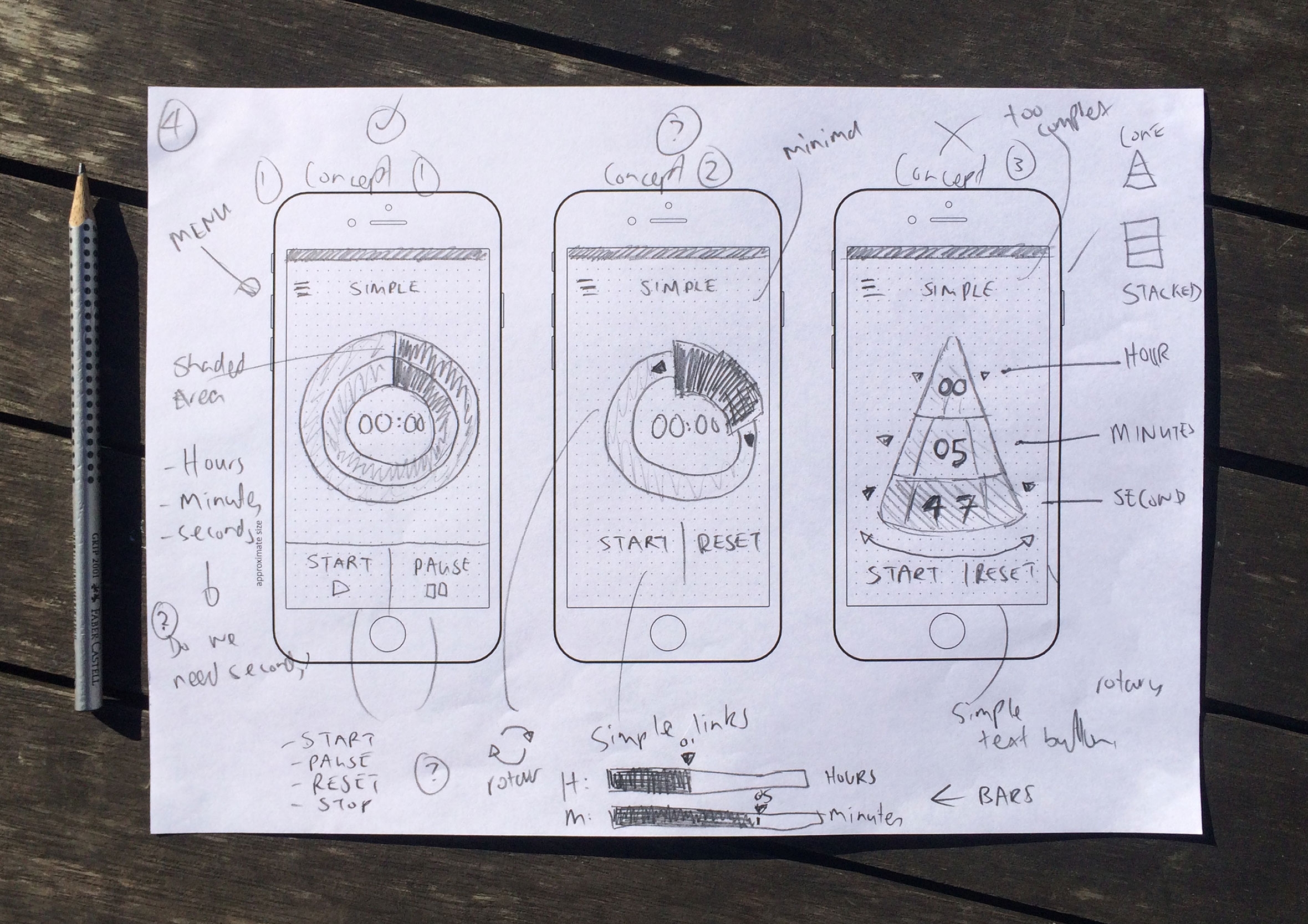 Quick pencil sketches exploring timer app concepts and circular UI variations