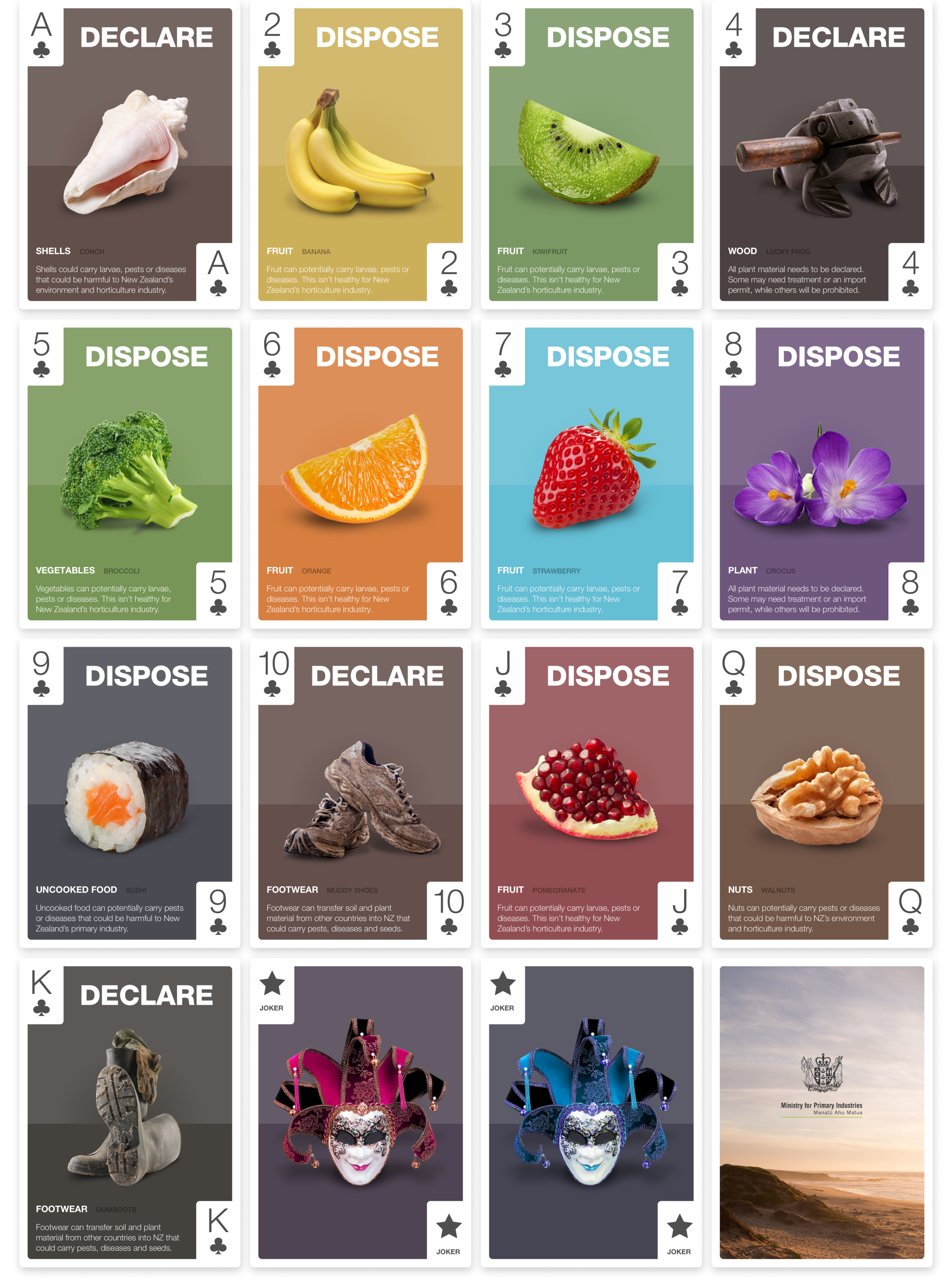 Declare or Dispose travel playing cards for New Zealand biosecurity education