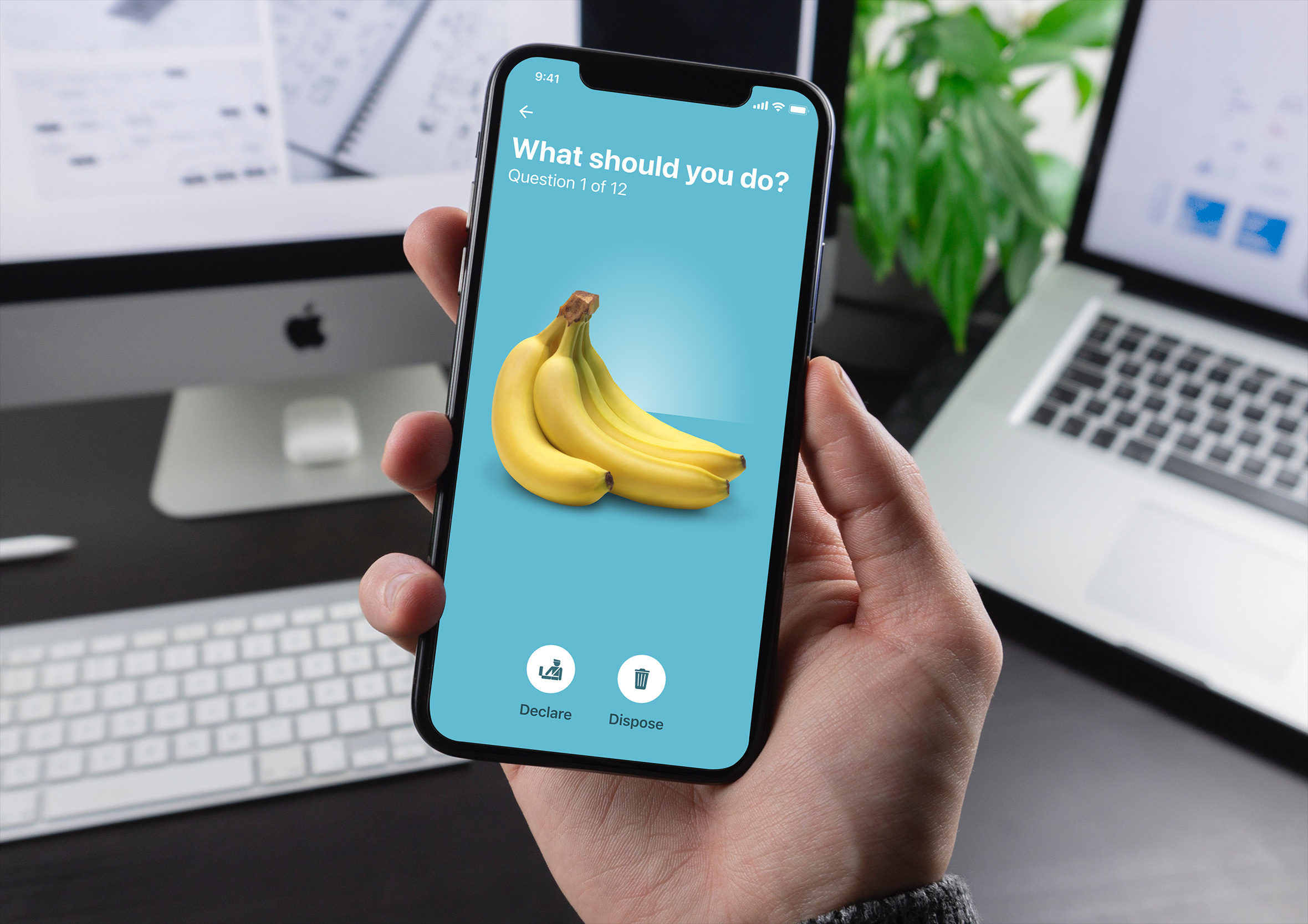 Hand holding a smartphone displaying the biosecurity quiz game screen at an office desk.