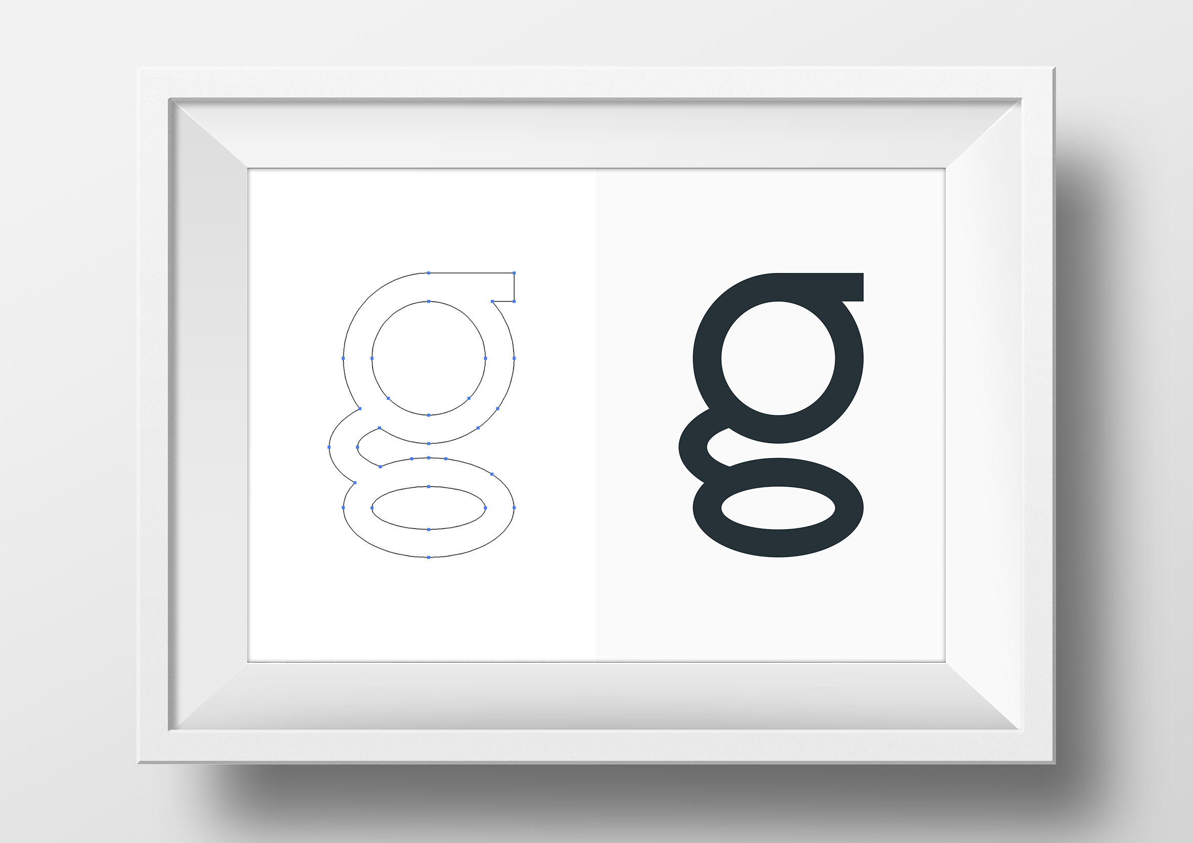 White picture frame mockup displaying vector path nodes alongside the solid filled render of a double-storey lowercase letter g.