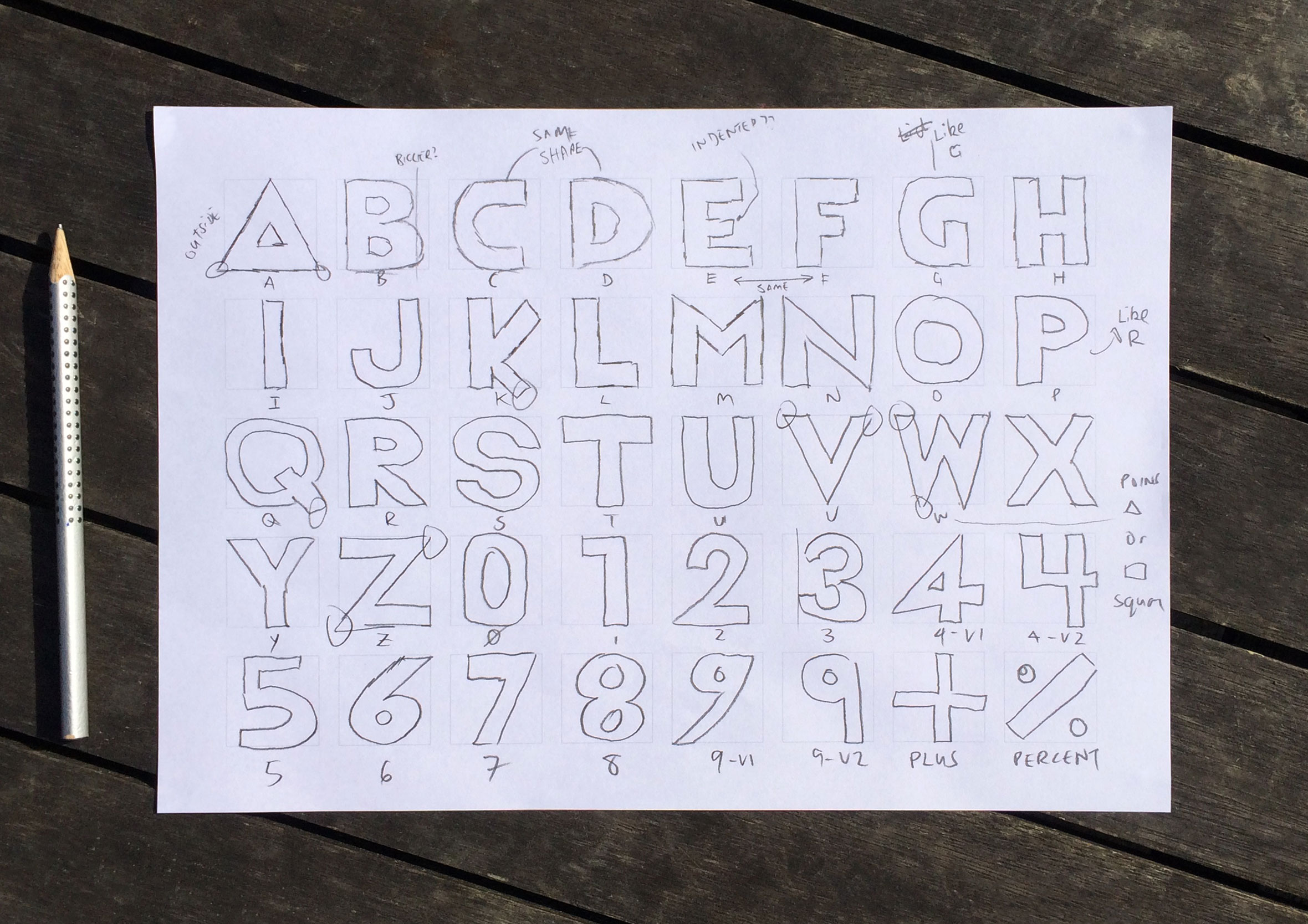 Early pencil sketches for the 30 Minutes to Mars geometric font