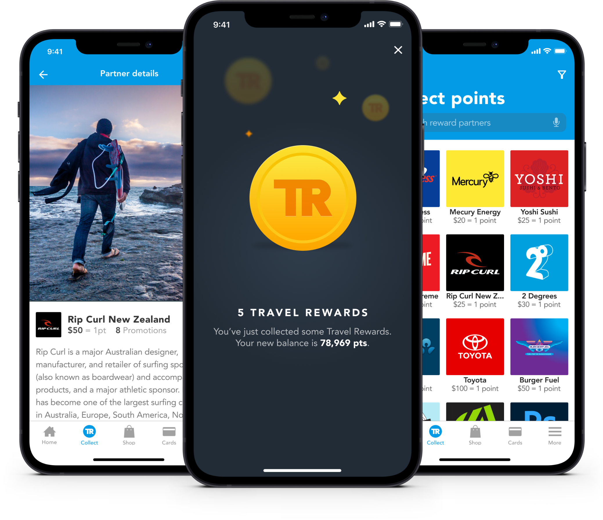 Travel Rewards app shown across multiple iPhones