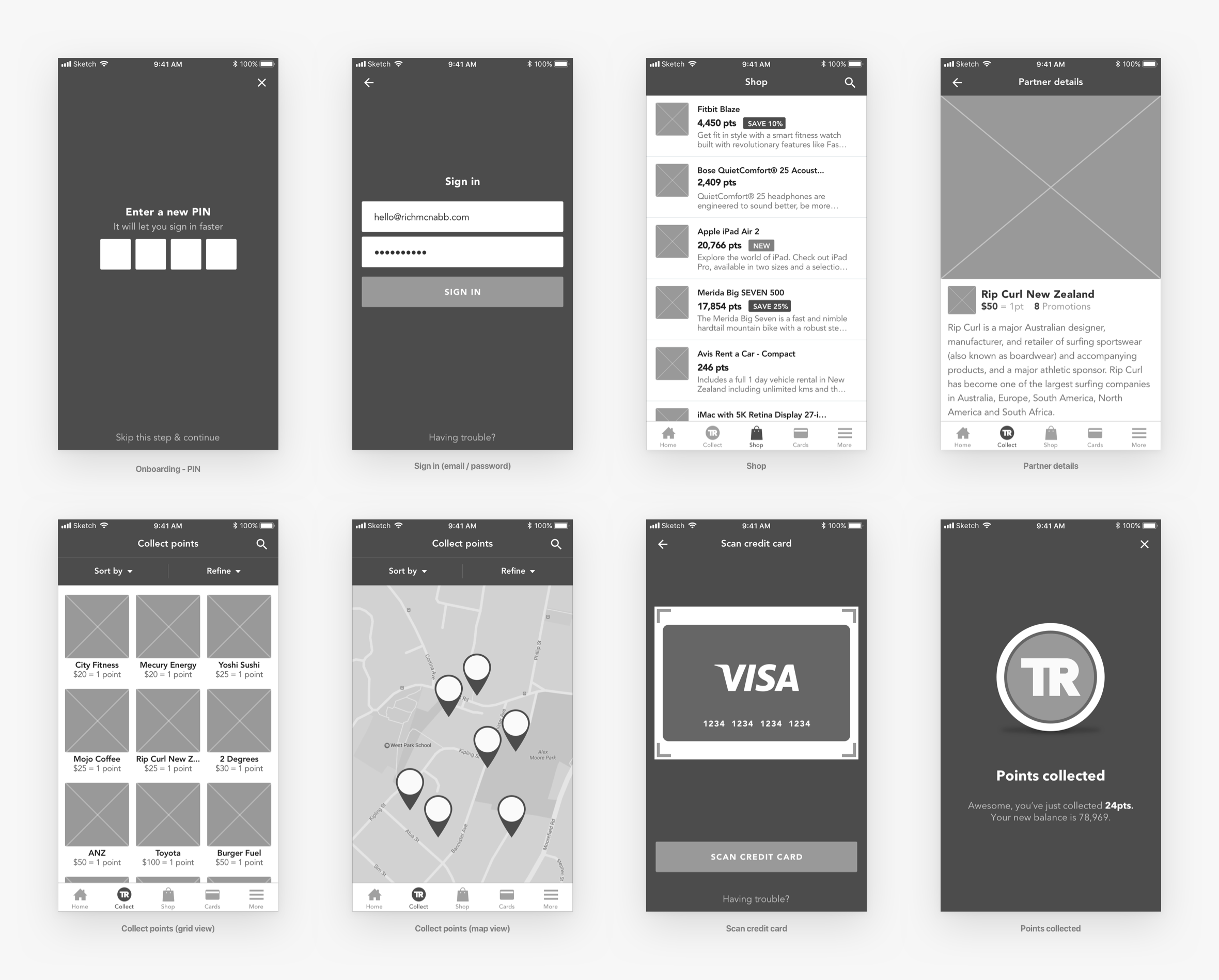 Wireframes for the Travel Rewards customer loyalty app