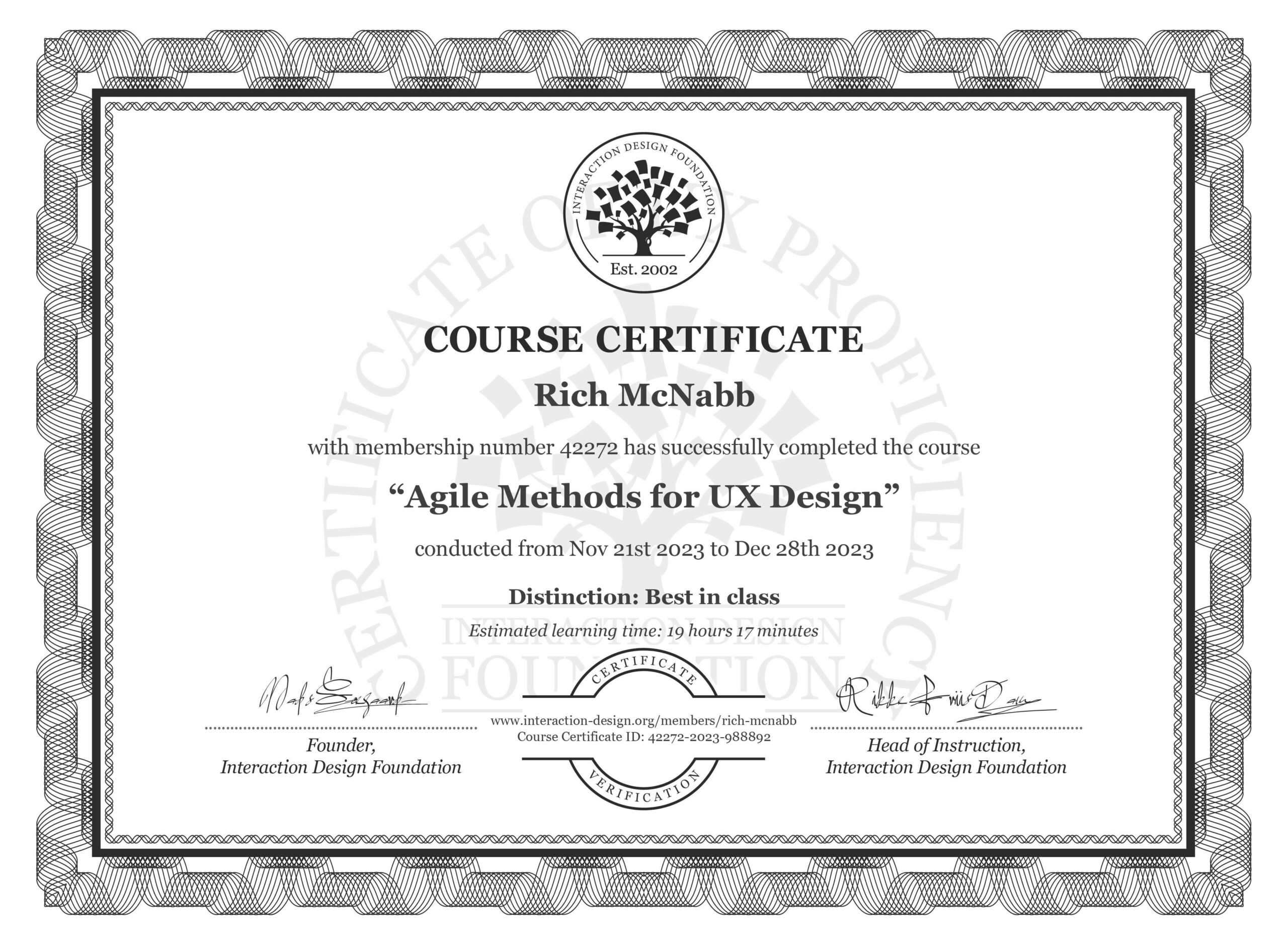 IxDF Interaction Design Foundation course certificate awarded to Rich McNabb for completing Agile Methods for UX Design with Best in Class distinction.