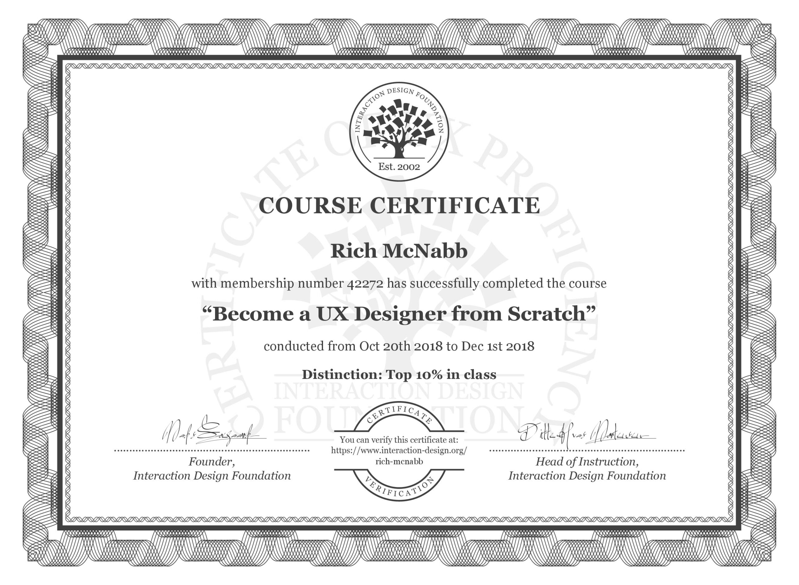 IxDF Interaction Design Foundation course certificate awarded to Rich McNabb for completing Become a UX Designer from Scratch with Distinction.