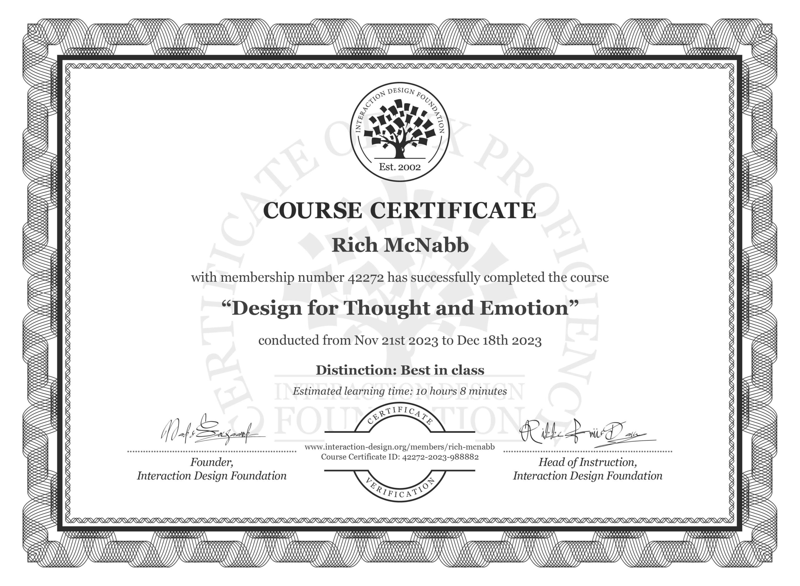 IxDF Interaction Design Foundation course certificate awarded to Rich McNabb for completing Design for Thought and Emotion with Best in Class distinction.