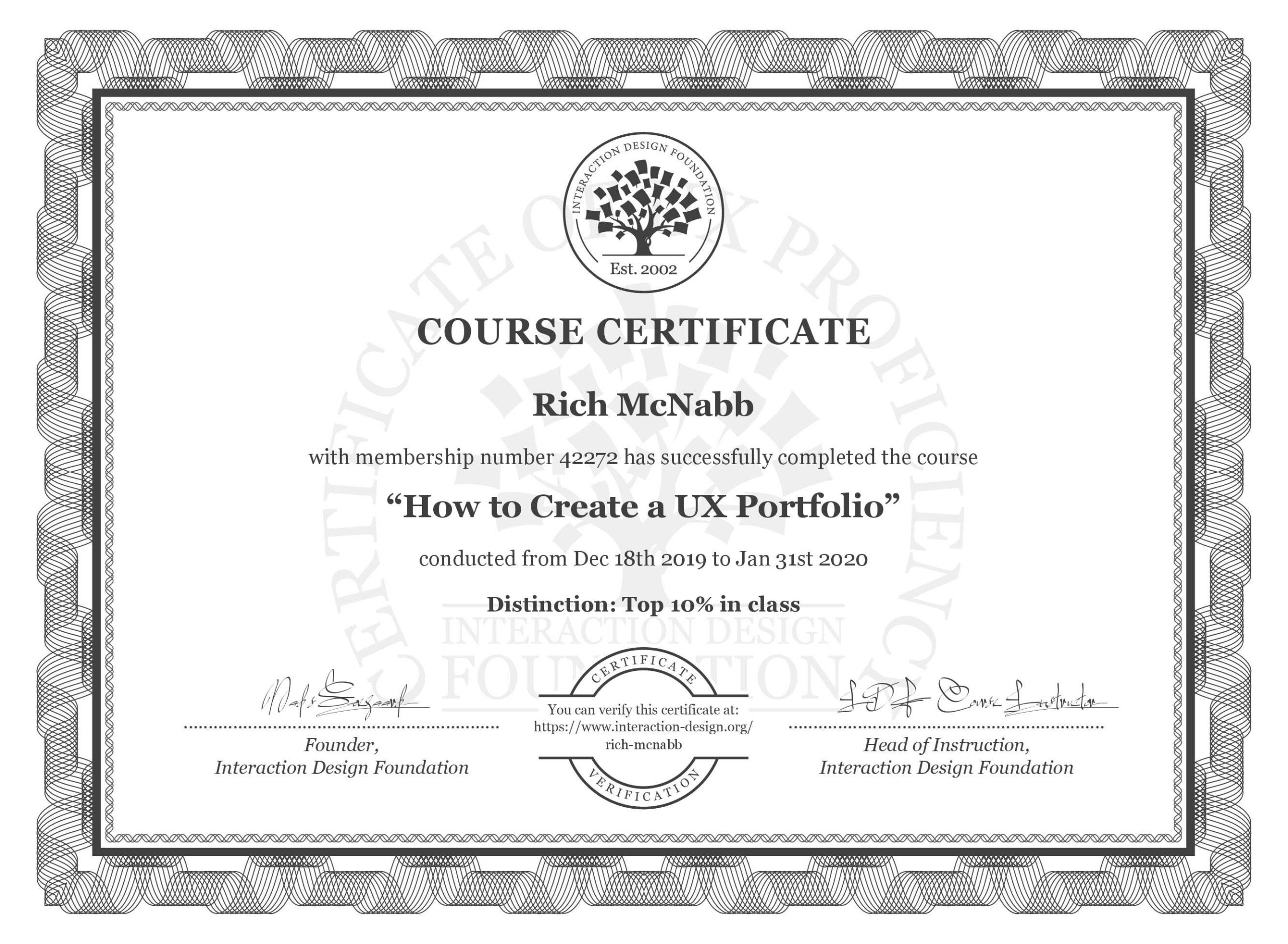 IxDF Interaction Design Foundation course certificate awarded to Rich McNabb for completing How to Create a UX Portfolio with Distinction.