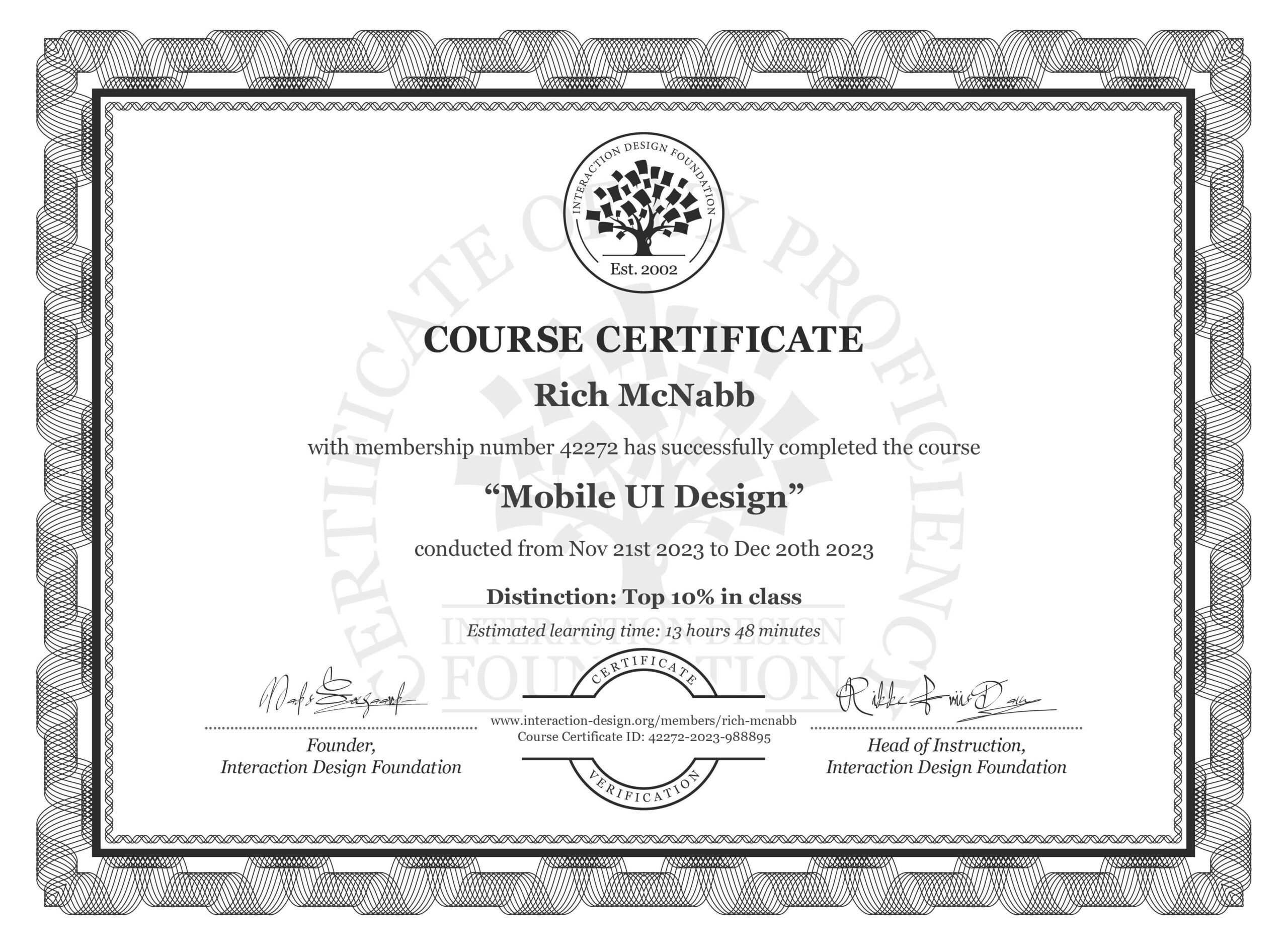 IxDF Interaction Design Foundation course certificate awarded to Rich McNabb for completing Mobile UI Design with Distinction.