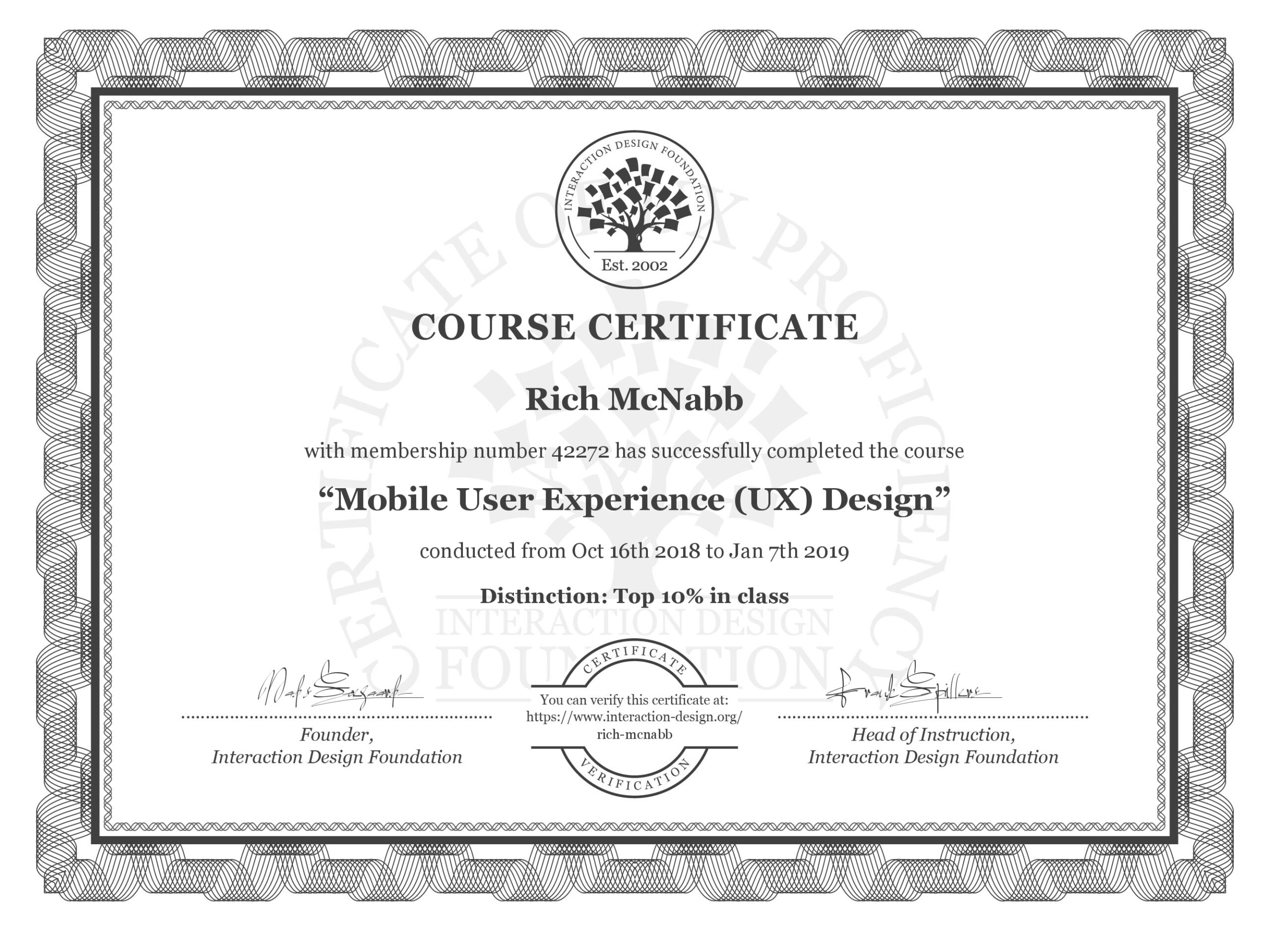 IxDF Interaction Design Foundation course certificate awarded to Rich McNabb for completing Mobile User Experience (UX) Design with Distinction.