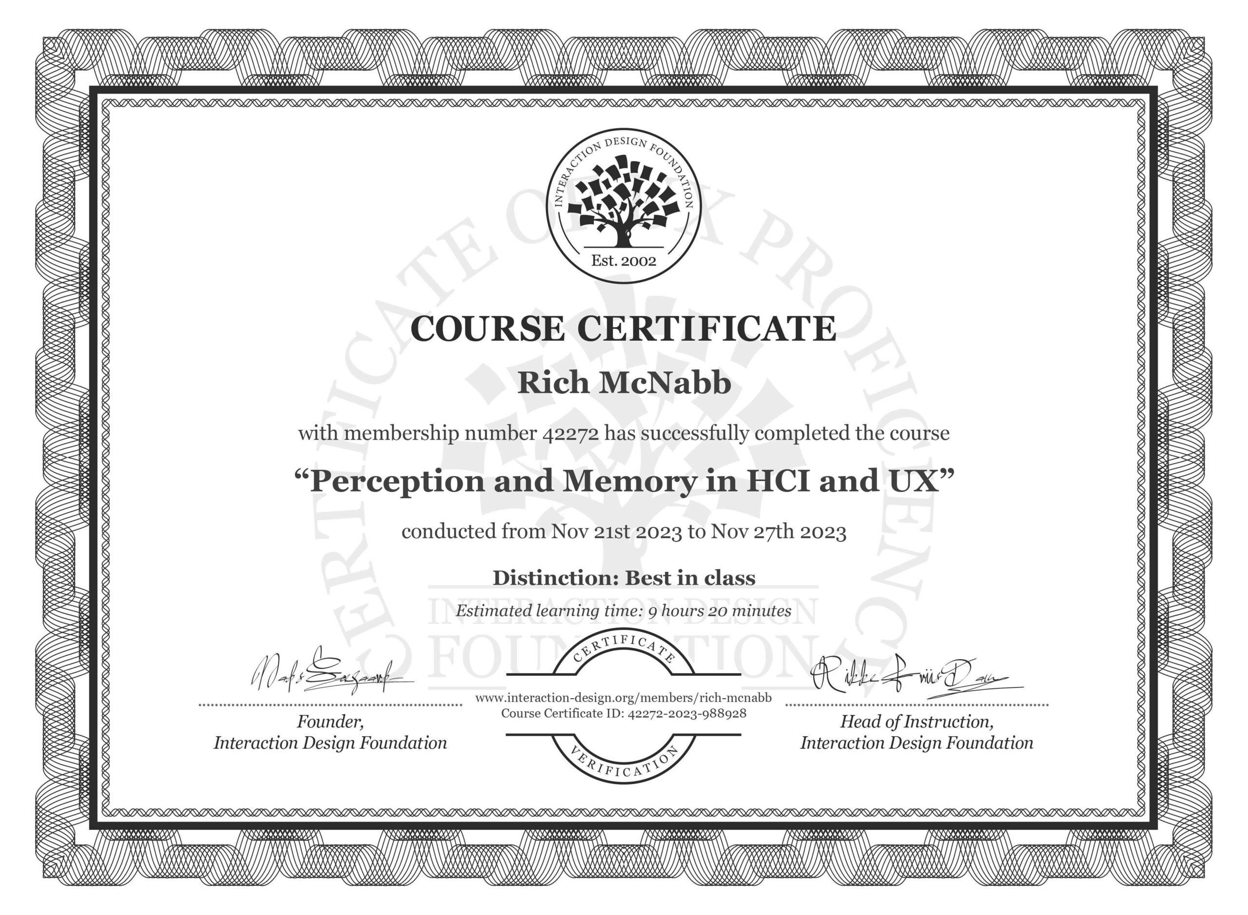 IxDF Interaction Design Foundation course certificate awarded to Rich McNabb for completing Perception and Memory in HCI and UX with Distinction.