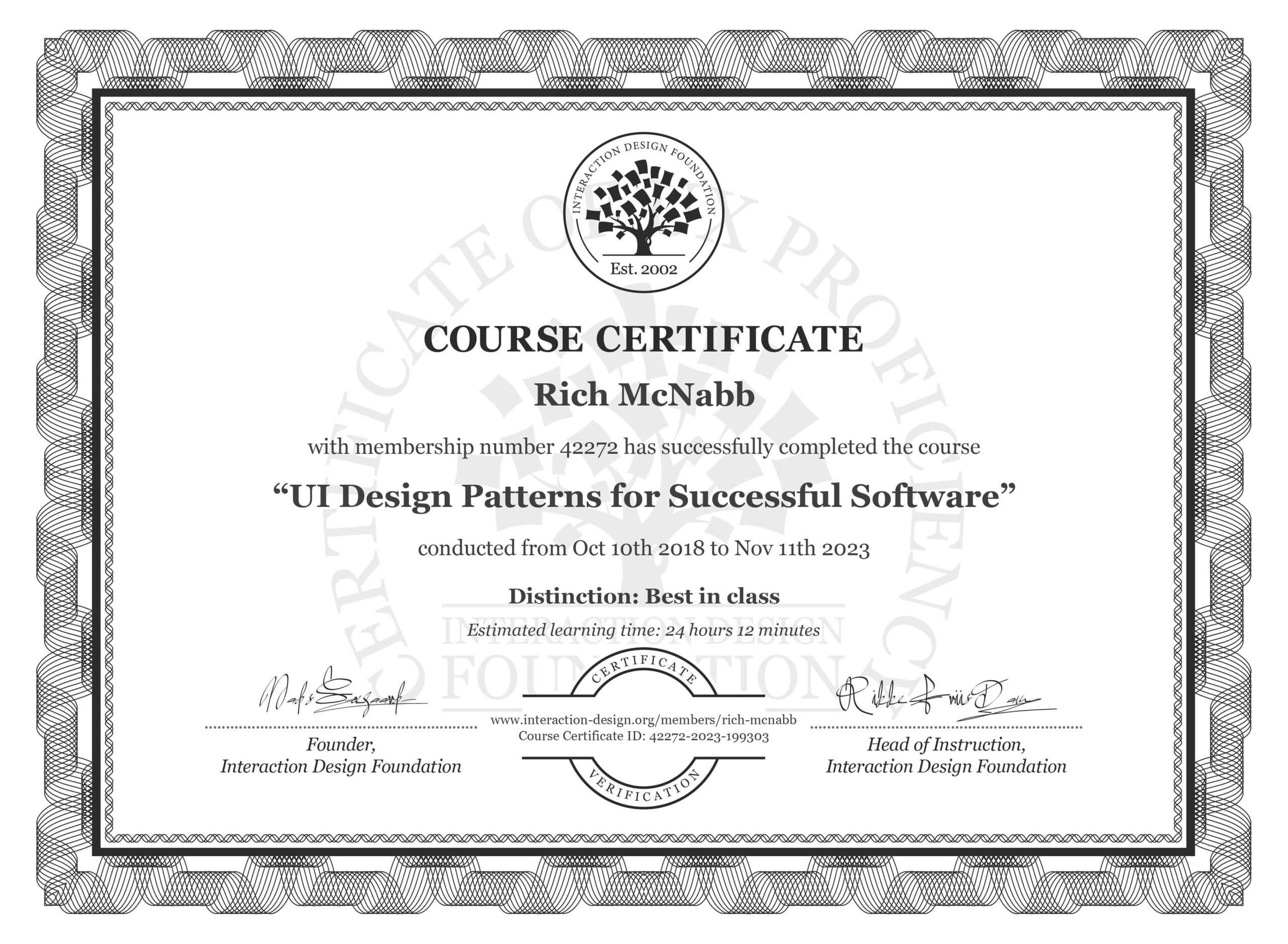 IxDF Interaction Design Foundation course certificate awarded to Rich McNabb for completing UI Design Patterns for Successful Software with Distinction.