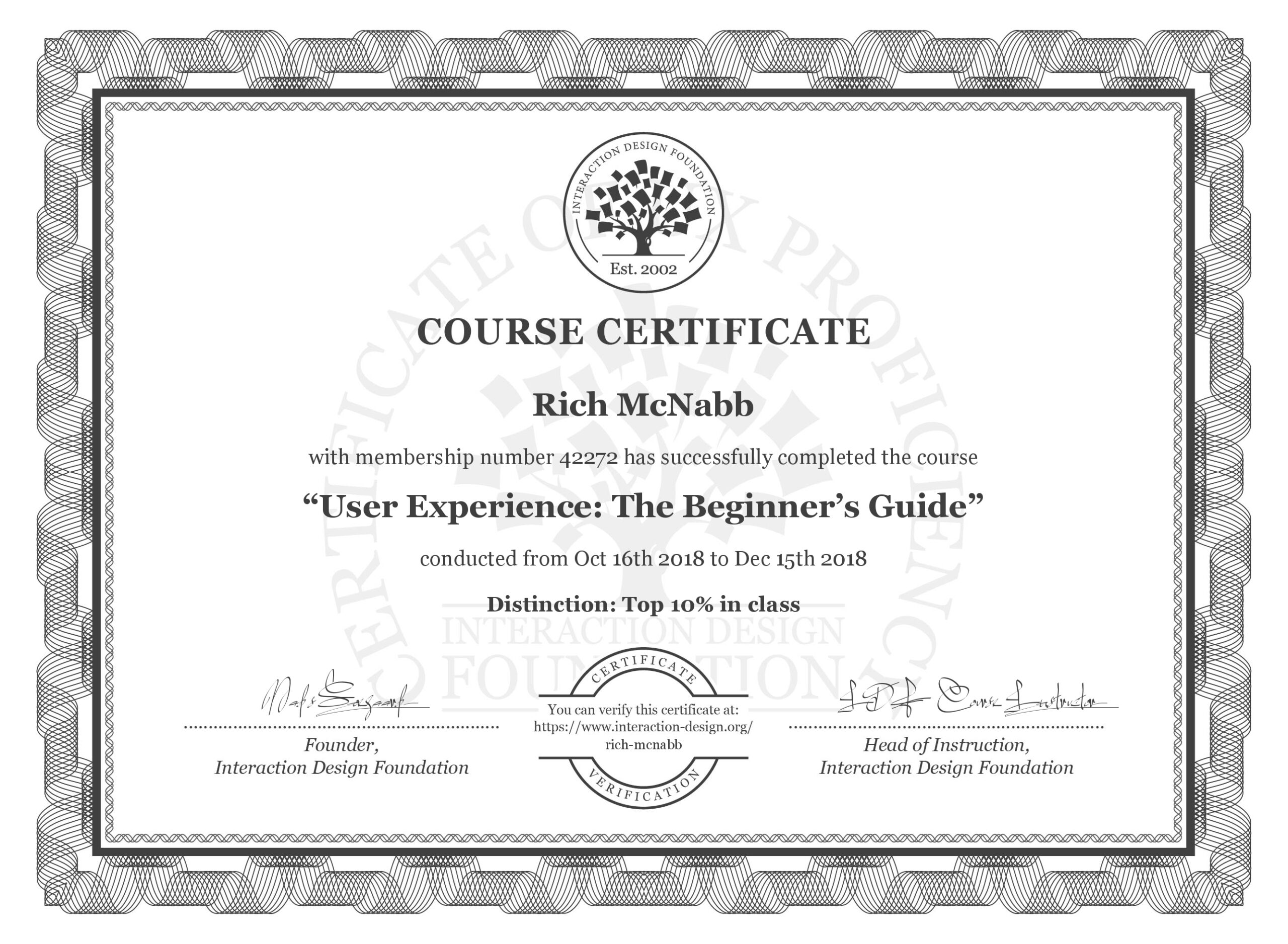 IxDF Interaction Design Foundation course certificate awarded to Rich McNabb for completing User Experience: The Beginner's Guide with Distinction.