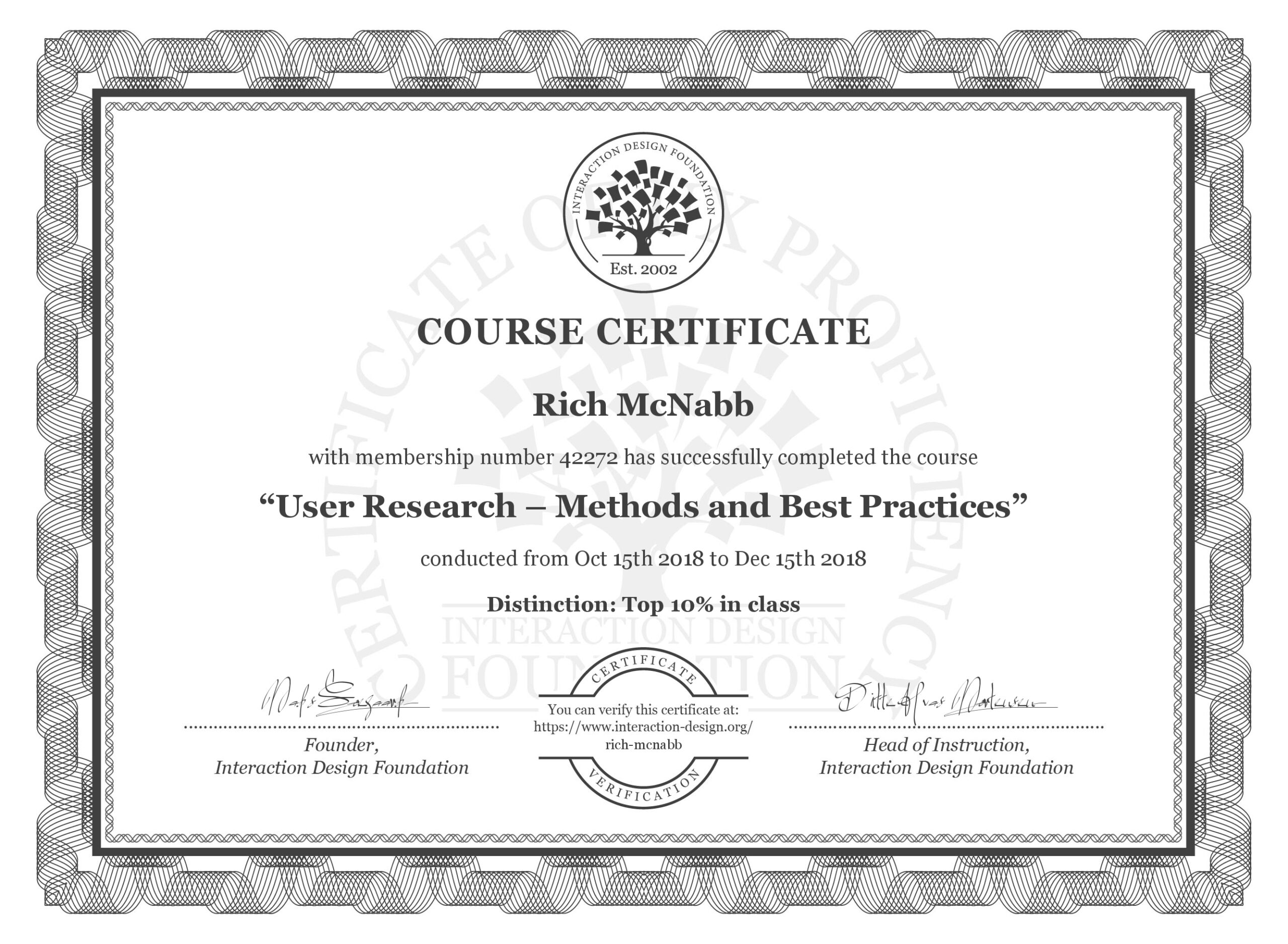 IxDF Interaction Design Foundation course certificate awarded to Rich McNabb for completing User Research – Methods and Best Practices with Distinction.