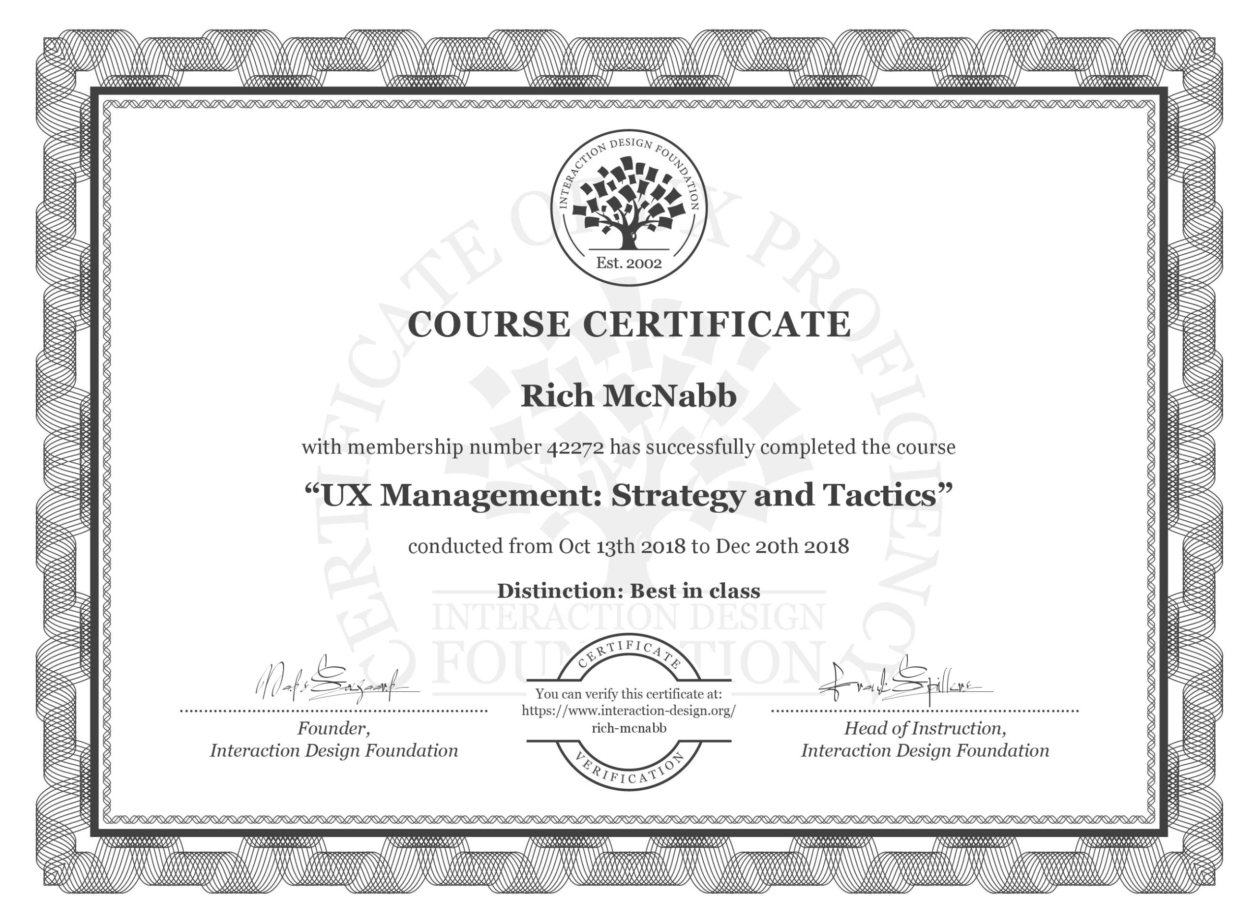 IxDF Interaction Design Foundation course certificate awarded to Rich McNabb for completing UX Management: Strategy and Tactics with Distinction.