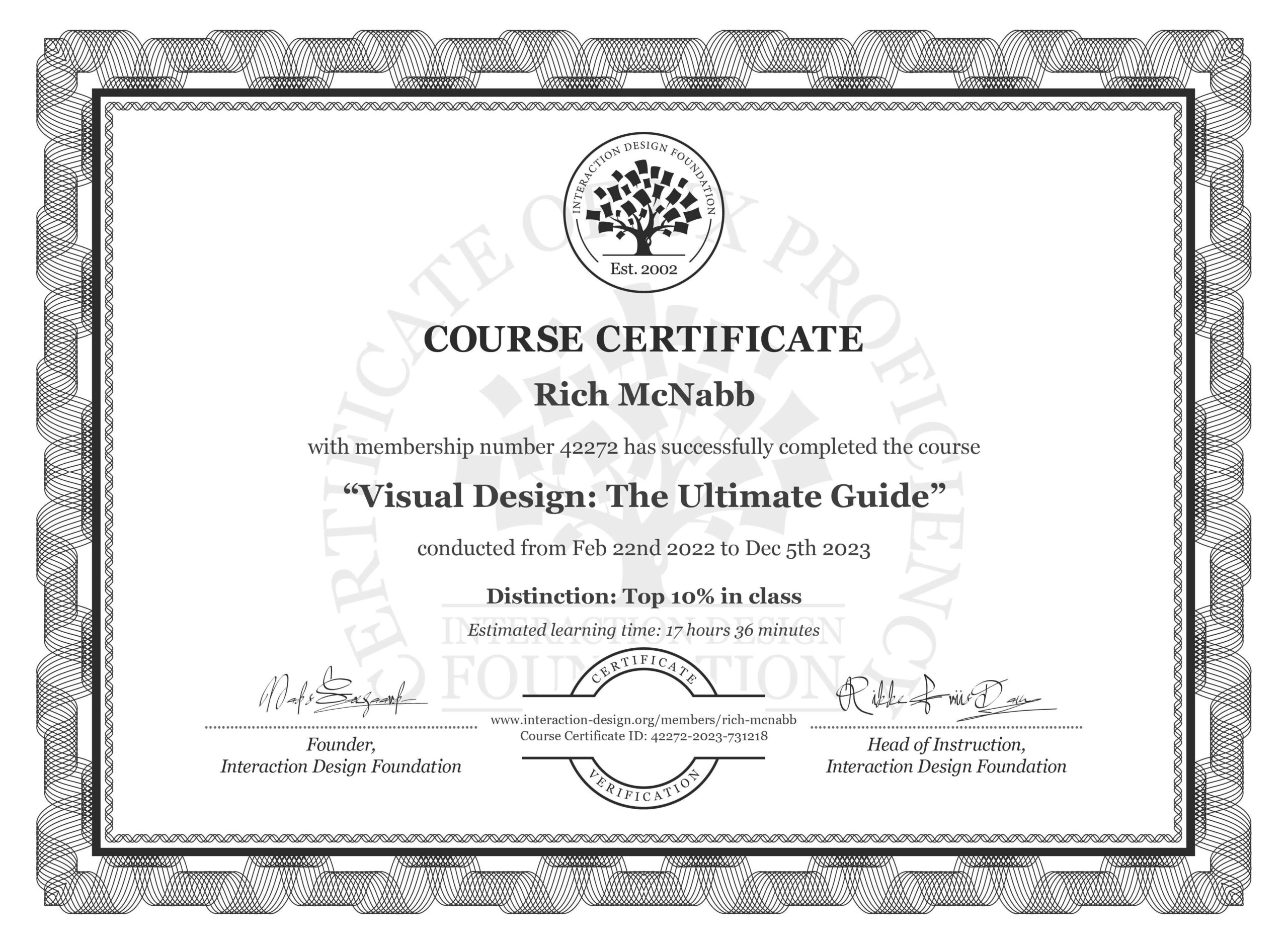 IxDF Interaction Design Foundation course certificate awarded to Rich McNabb for completing Visual Design: The Ultimate Guide with Distinction.