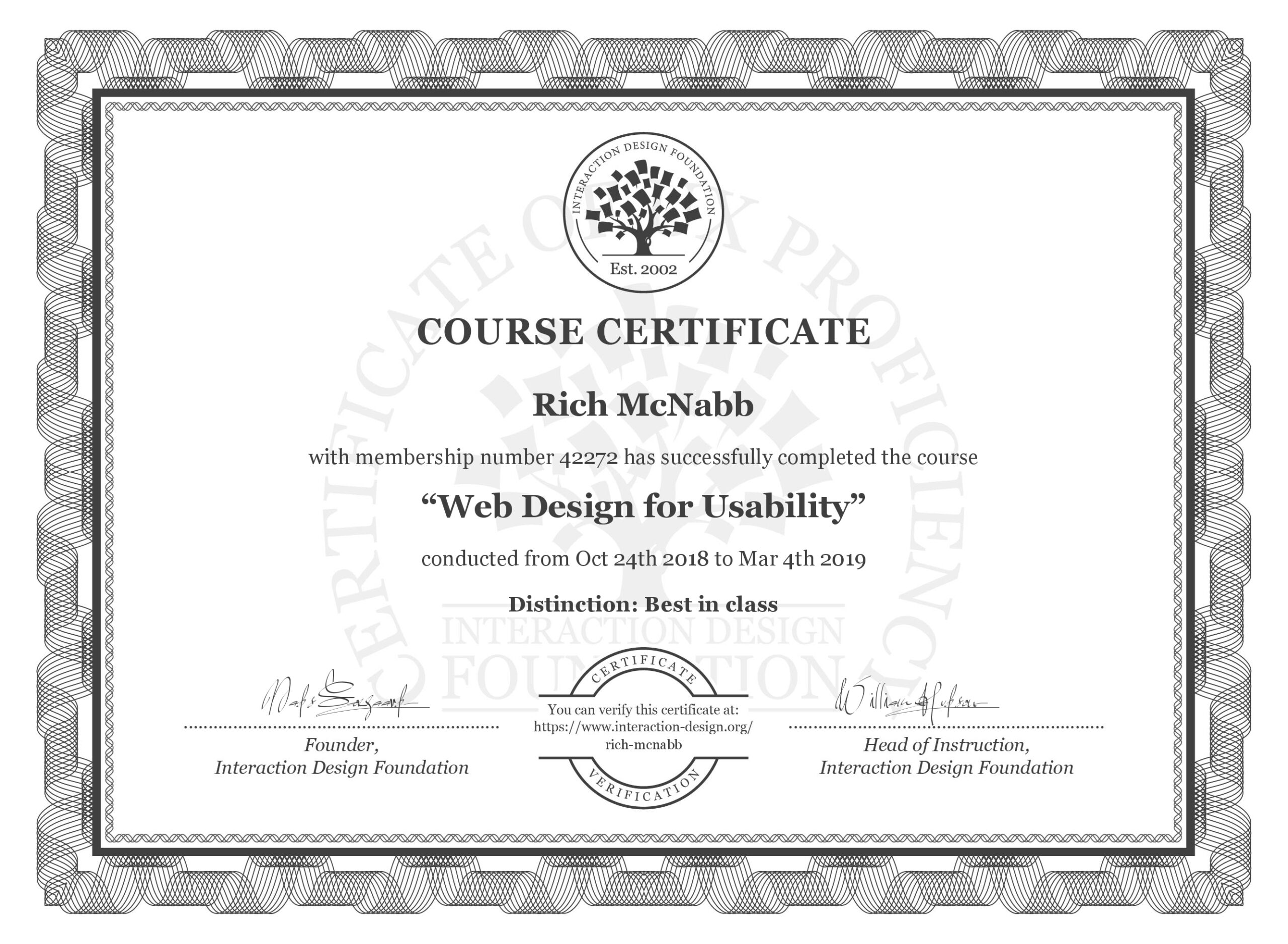 IxDF Interaction Design Foundation course certificate awarded to Rich McNabb for completing Web Design for Usability with Distinction.