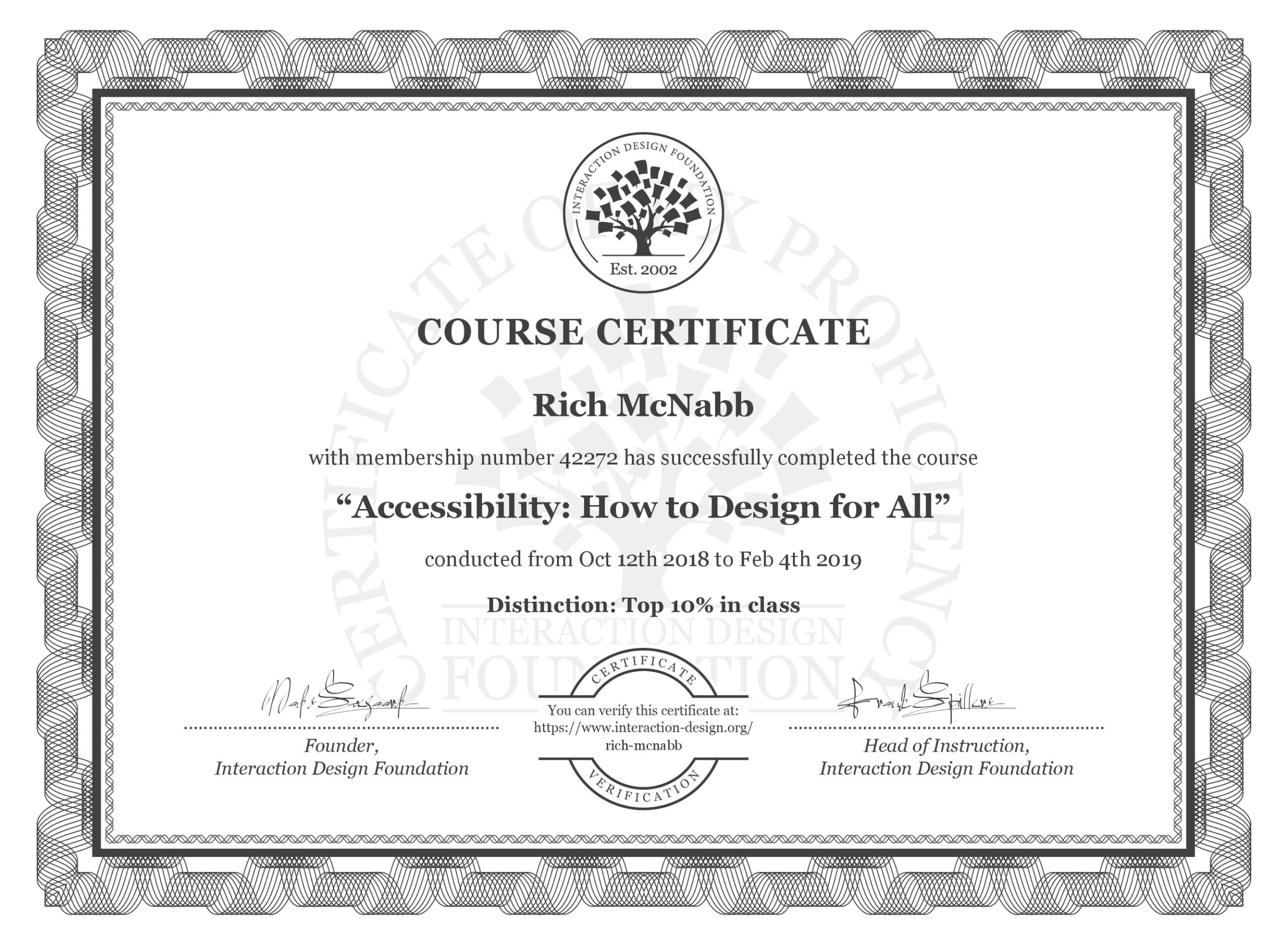 IxDF Interaction Design Foundation course certificate awarded to Rich McNabb for completing Accessibility: How to Design for All with Distinction.