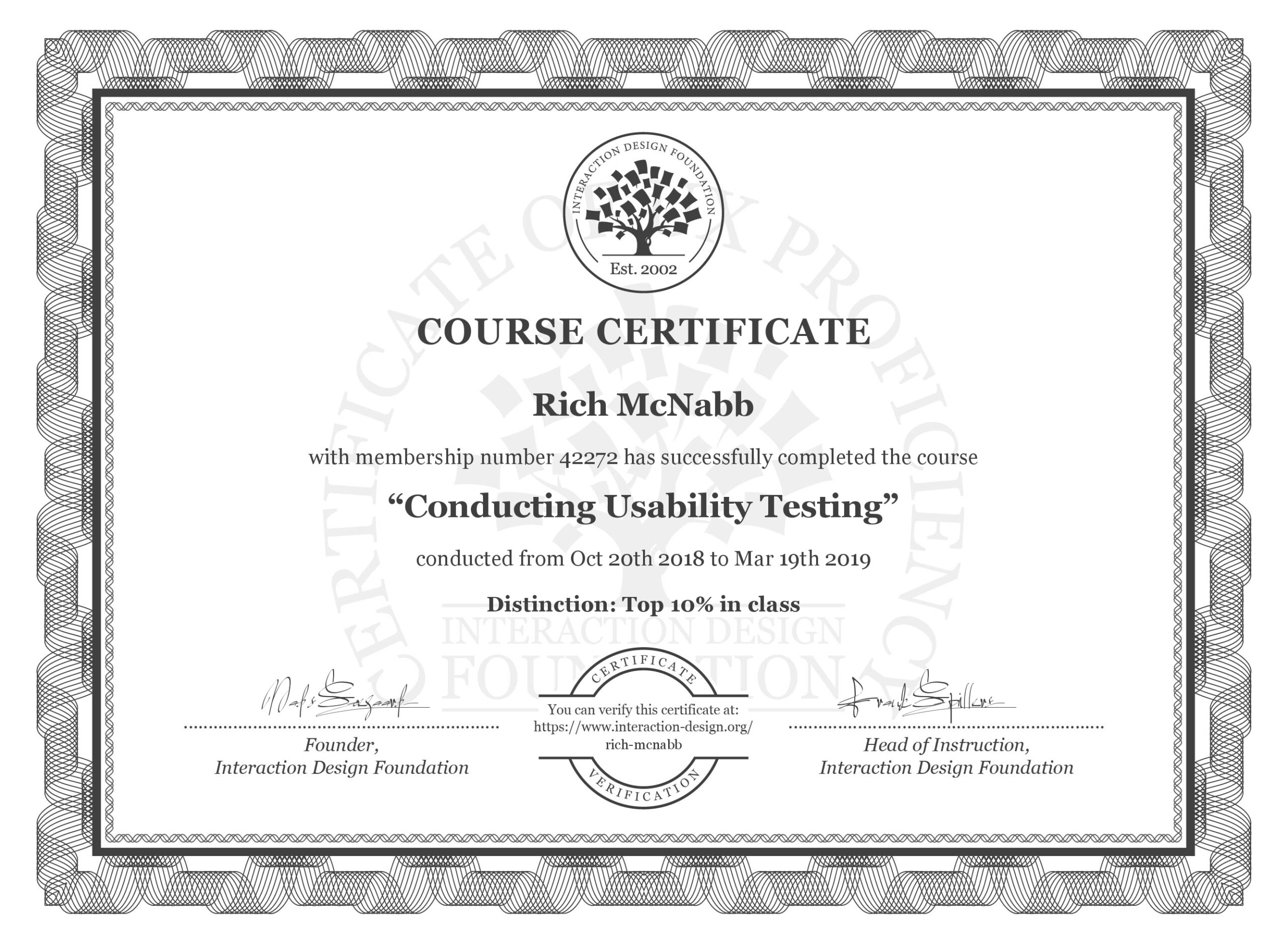 IxDF Interaction Design Foundation course certificate awarded to Rich McNabb for completing Conducting Usability Testing with Distinction.