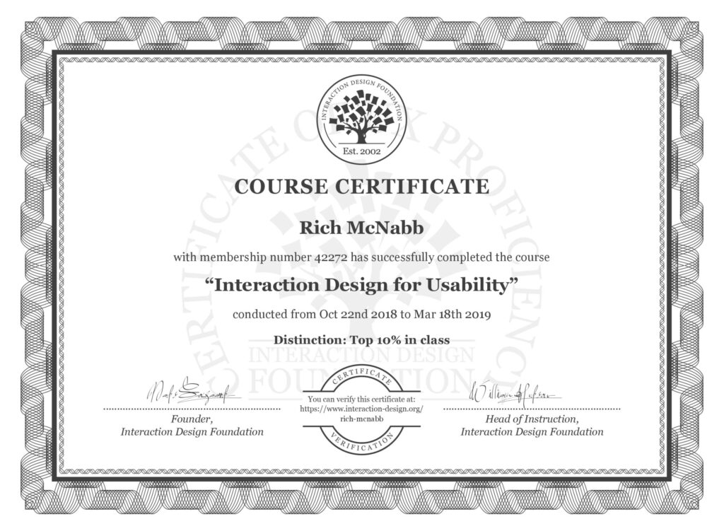 IxDF Interaction Design Foundation course certificate awarded to Rich McNabb for completing Interaction Design for Usability with Distinction.
