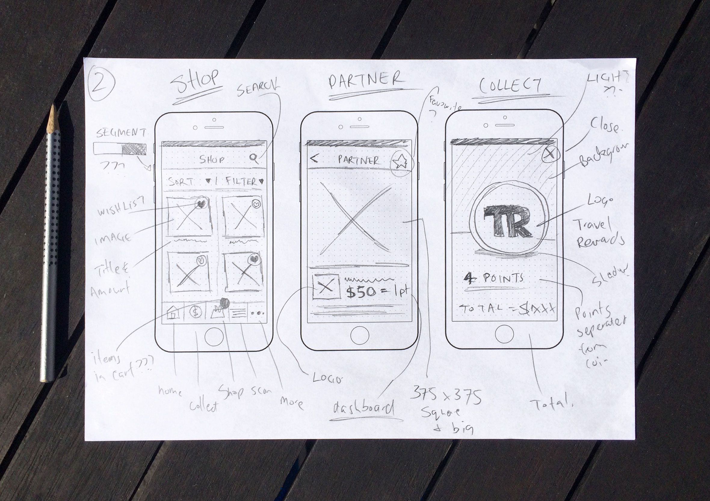 Early concept sketches for the Travel Rewards app