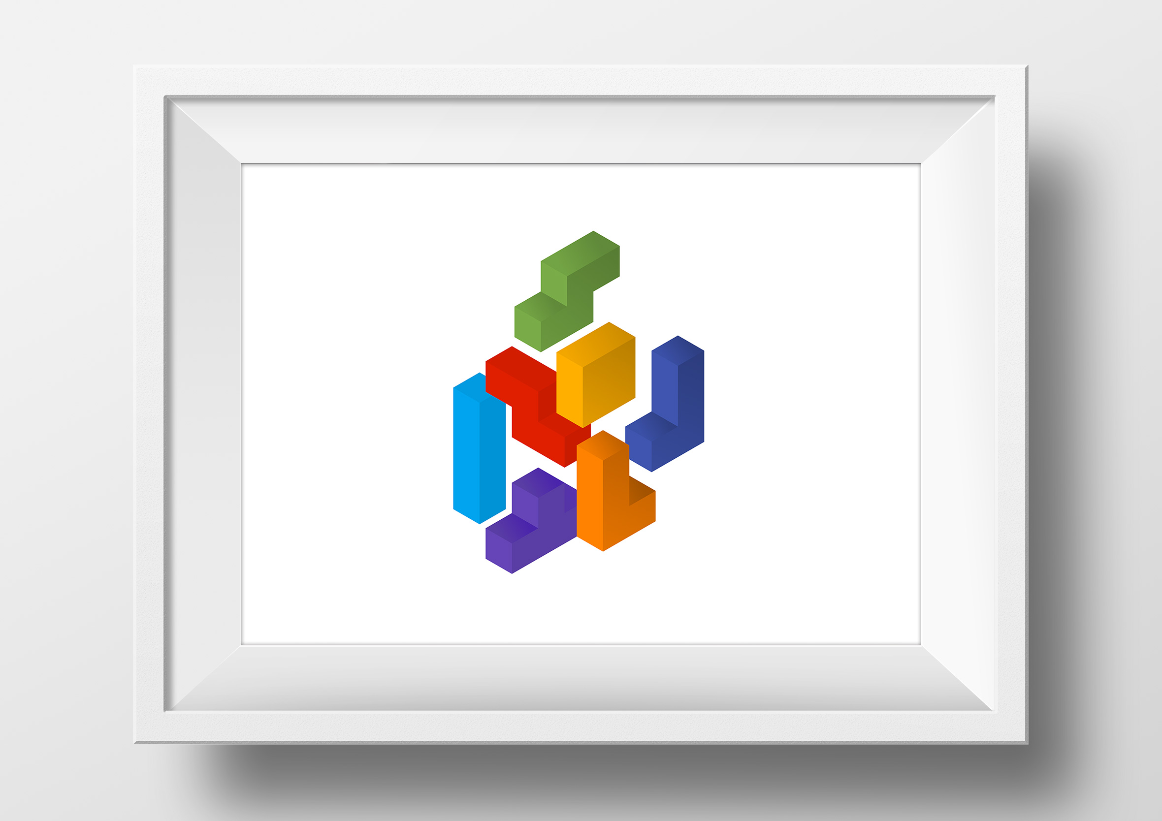 Isometric shapes framed print displayed on a white wall