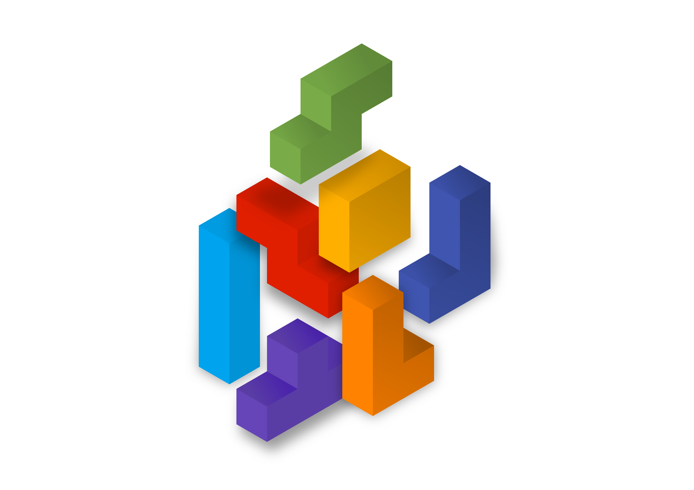 Exploded view of isometric Tetris shapes assembled together
