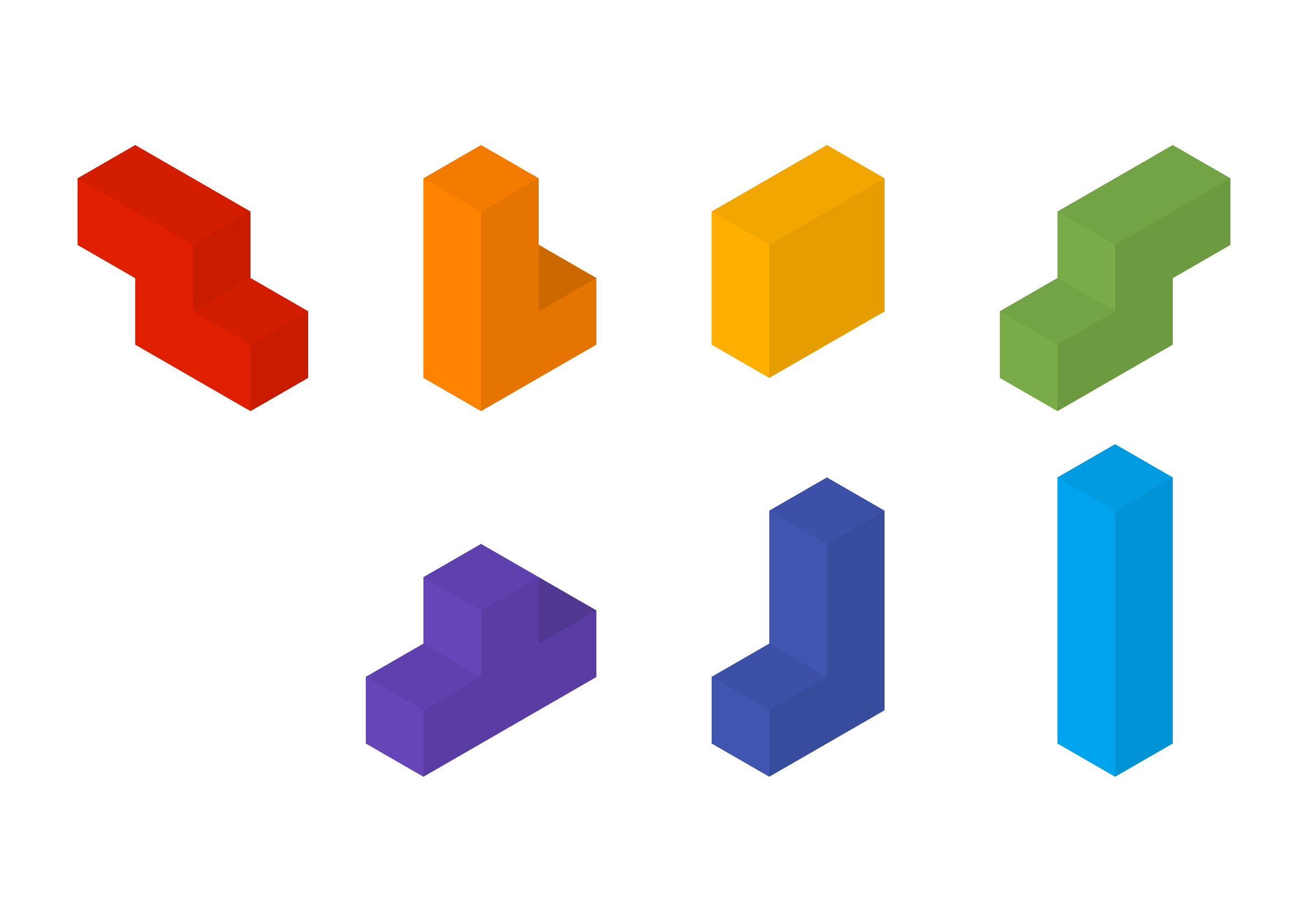 Tetris blocks recreated as isometric shapes in multiple colours