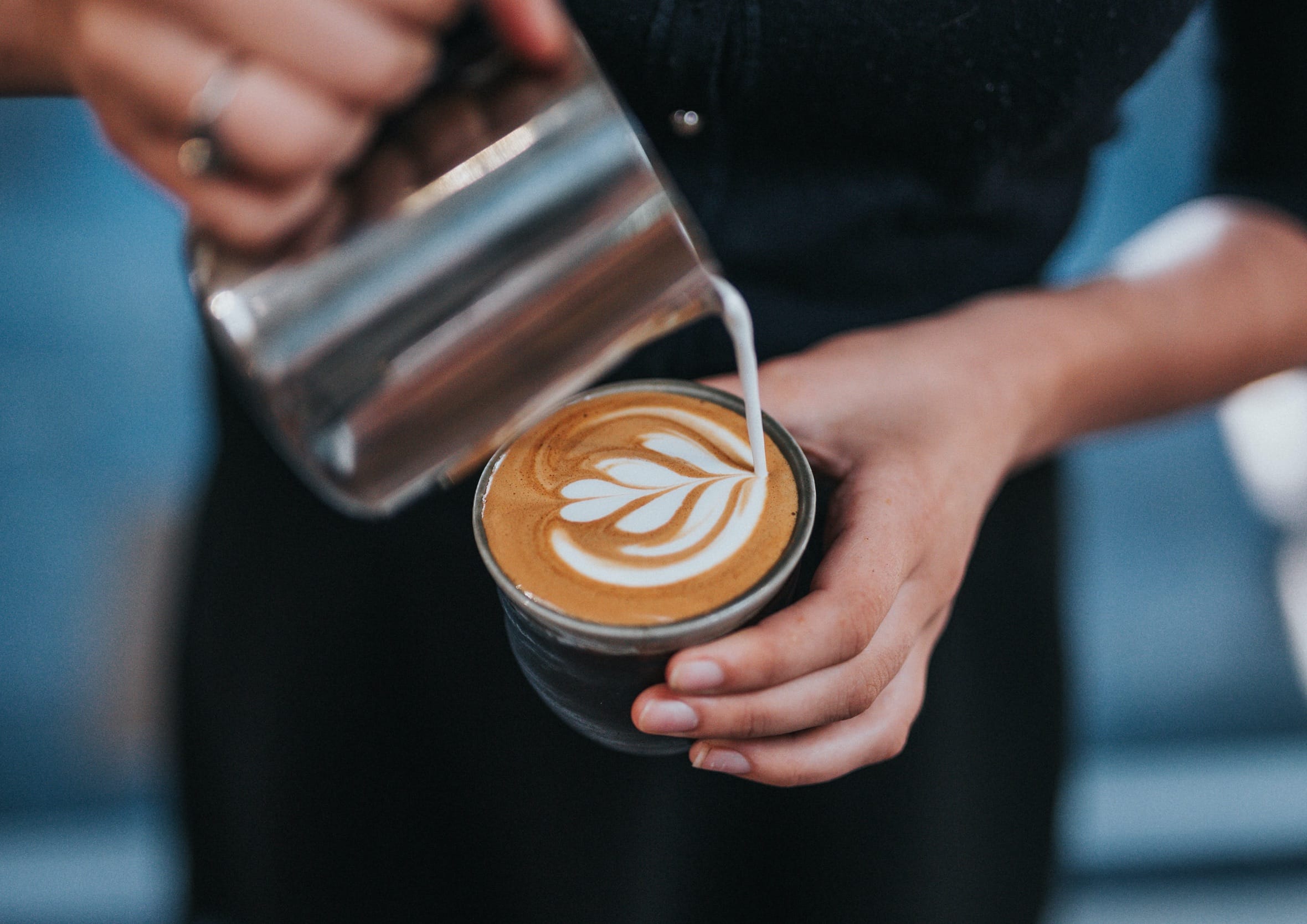 Close-up of a barista pouring steamed milk to craft a rosetta pattern in a ceramic coffee cup
