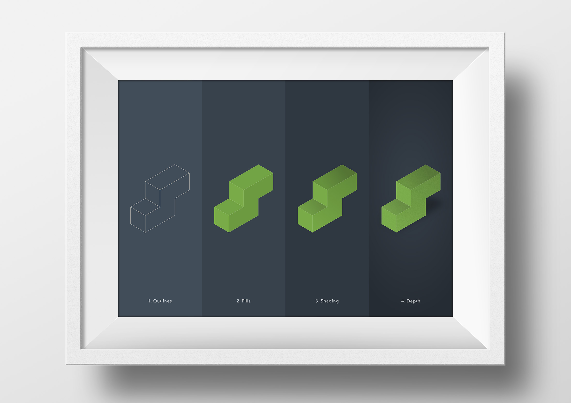 Isometric shapes design process framed print showing all stages