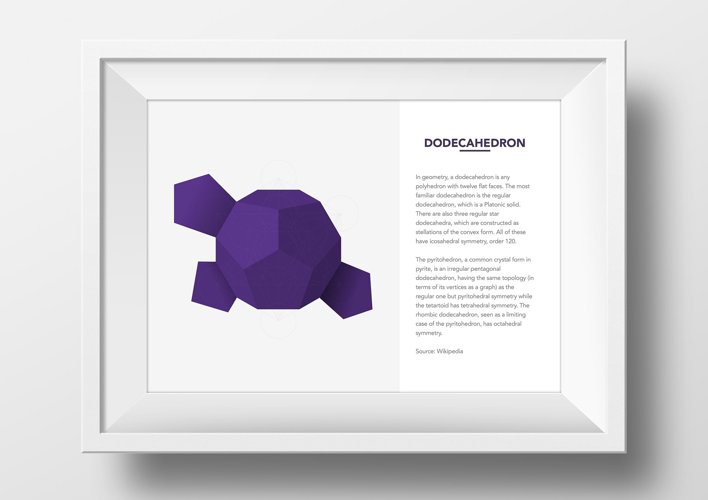 Framed art print illustrating a purple dodecahedron shape with accompanying geometry text descriptions.