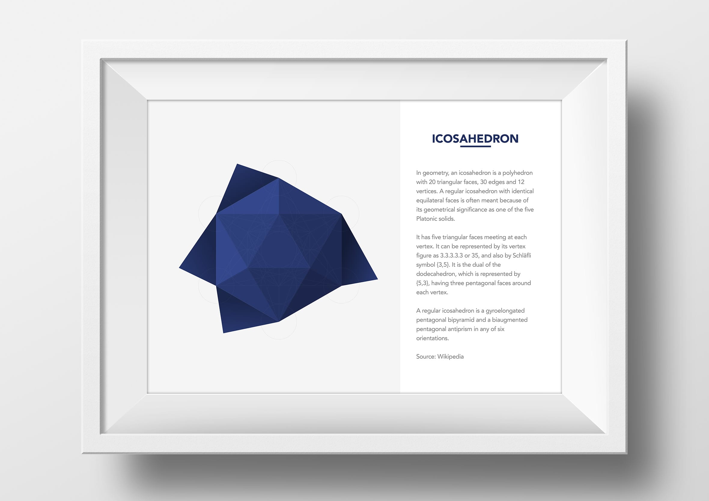 Wall-mounted white frame featuring a deep blue icosahedron shape graphic and detailed geometry description.