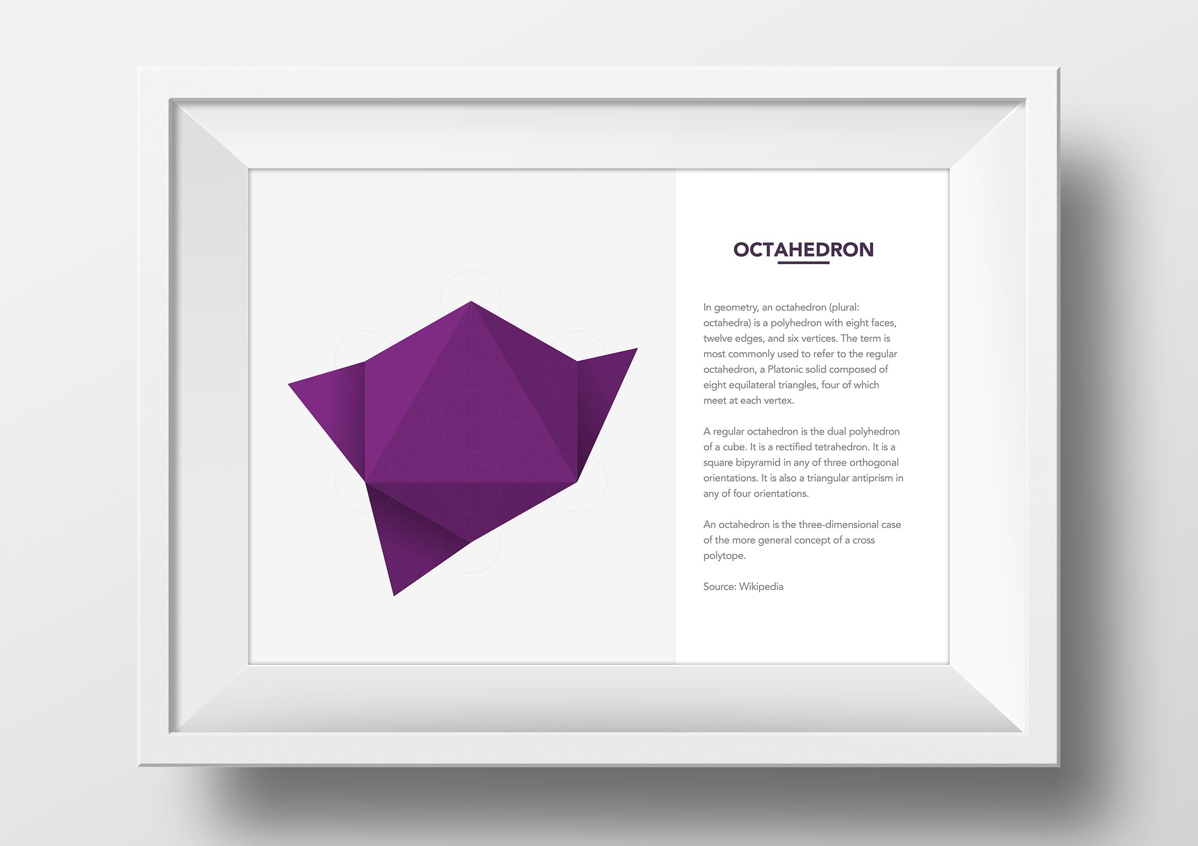 Framed poster design showing a purple octahedron polygon shape paired with descriptive geometric text.