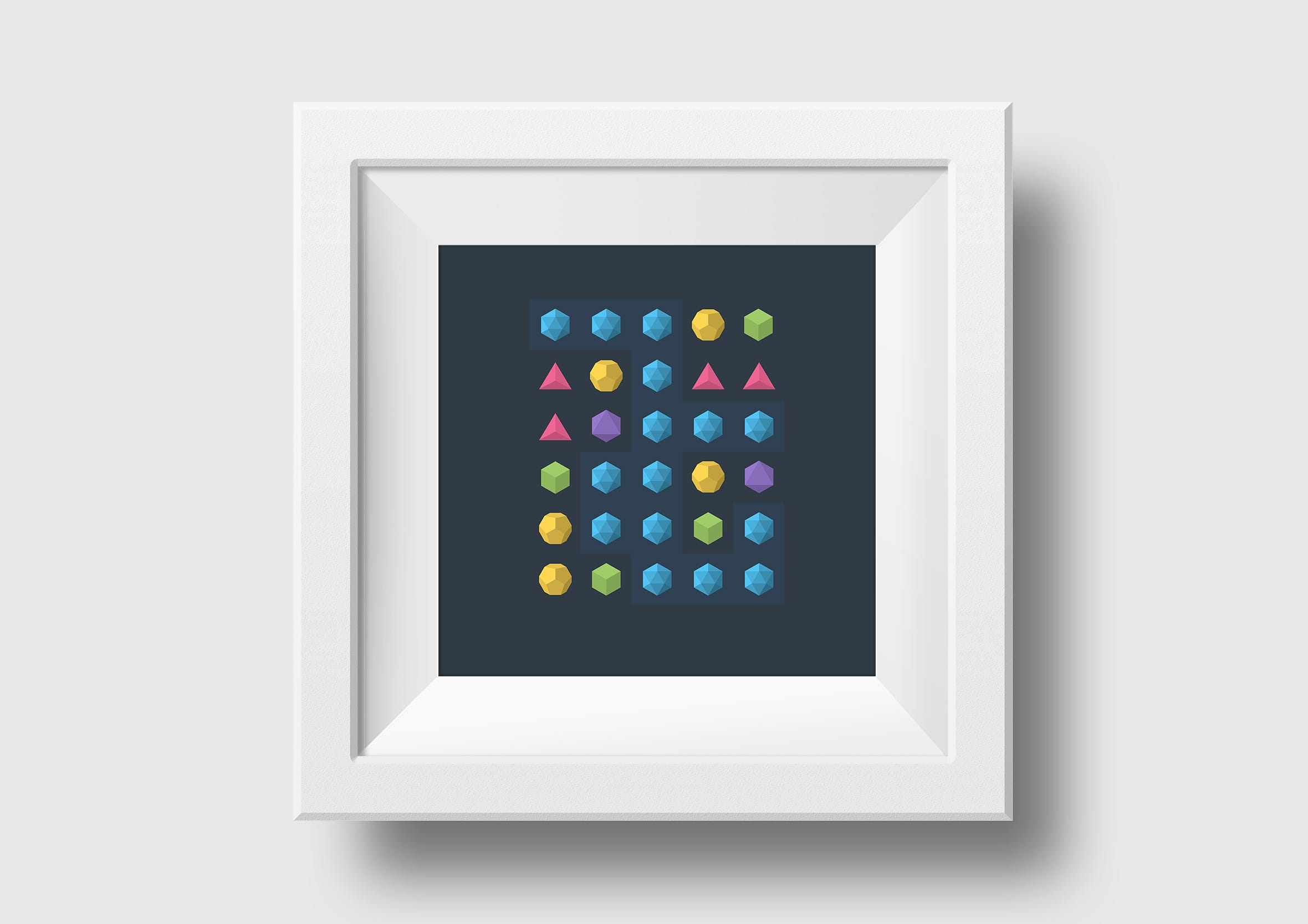 White picture frame displaying a grid layout of colourful geometric Platonic solid icons on a dark background.