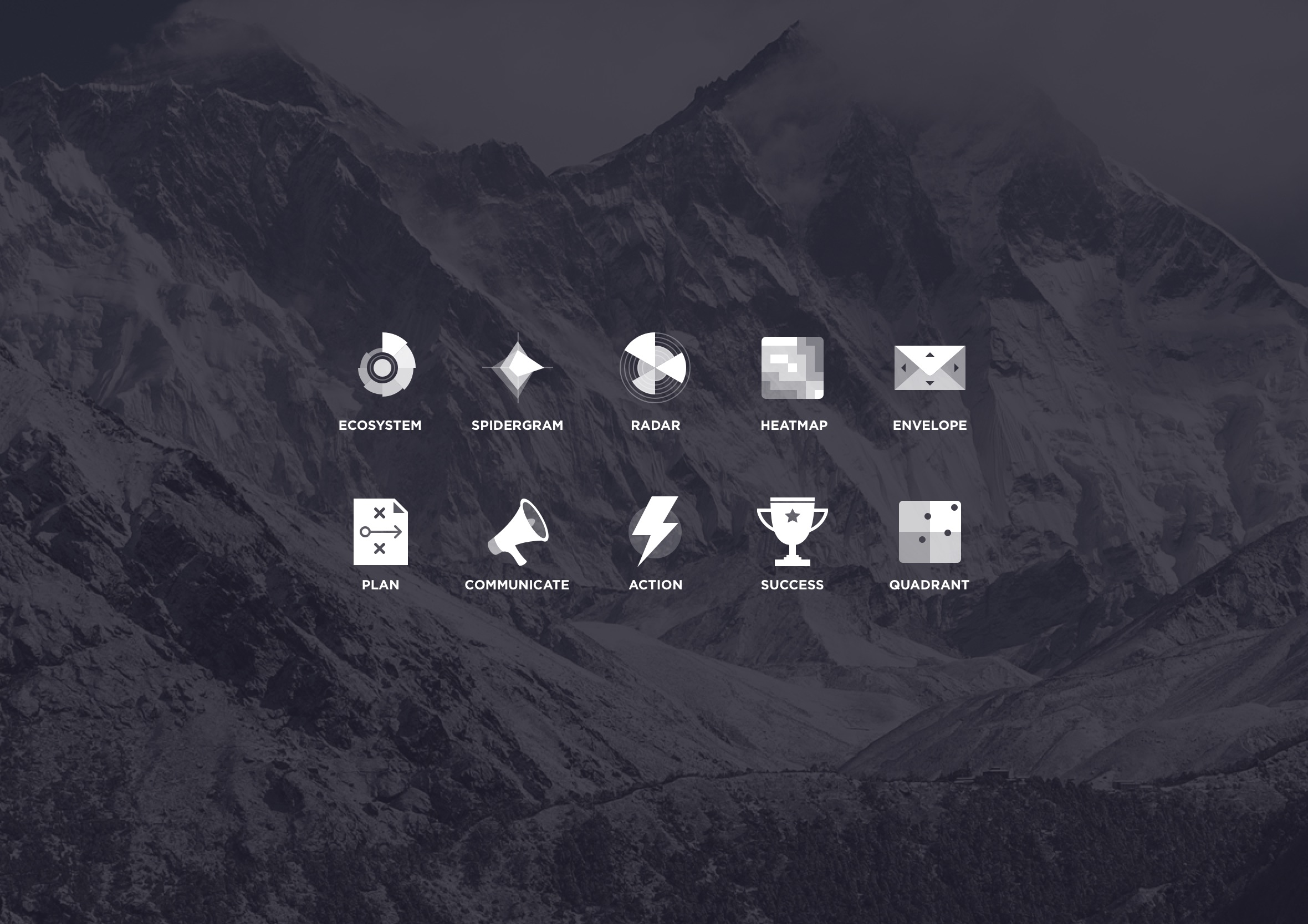 Grid of StrategyBuilder UI icons displayed against a dark mountain landscape background.