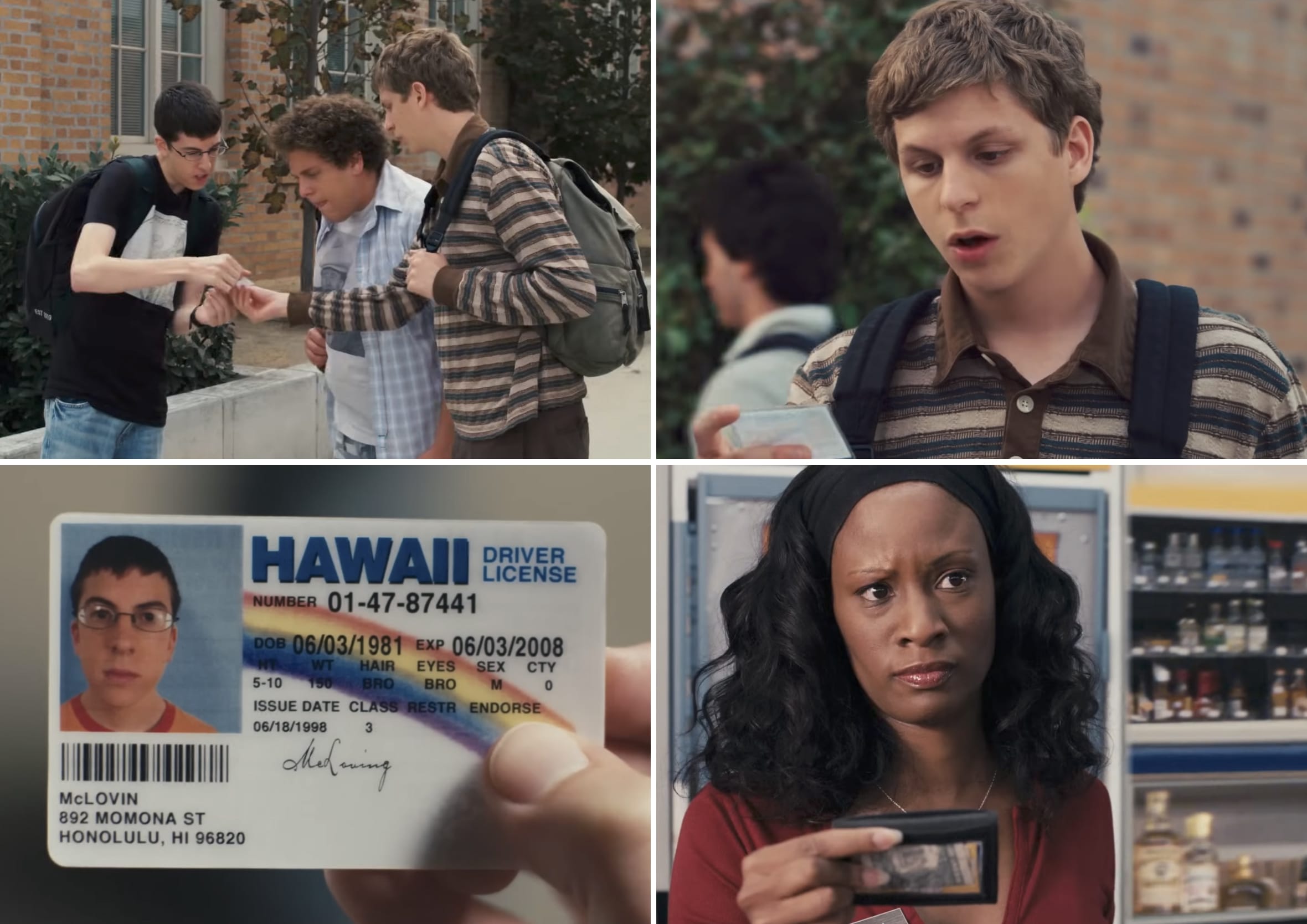 Four-panel film still from Superbad showing the fake ID exchange between friends, a close-up of the Hawaii driver's licence under the name McLovin, and a convenience store clerk eyeing it with suspicion.