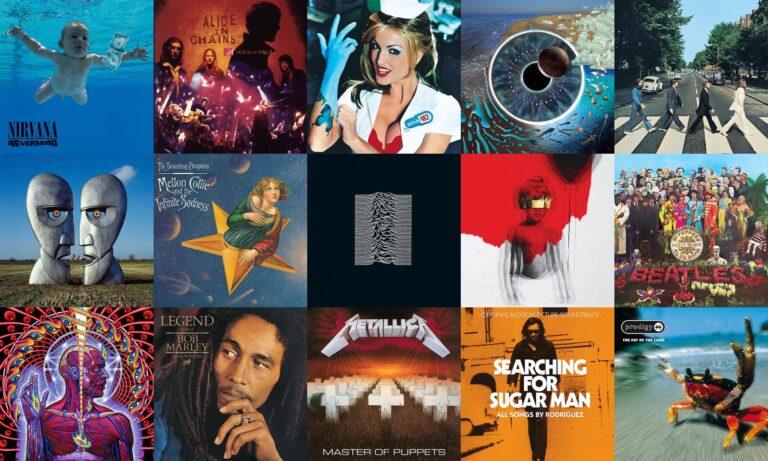 Photo grid displaying iconic album artwork from Nirvana, The Beatles, and Tool, showcasing visual music history and creative pop-culture inspiration.