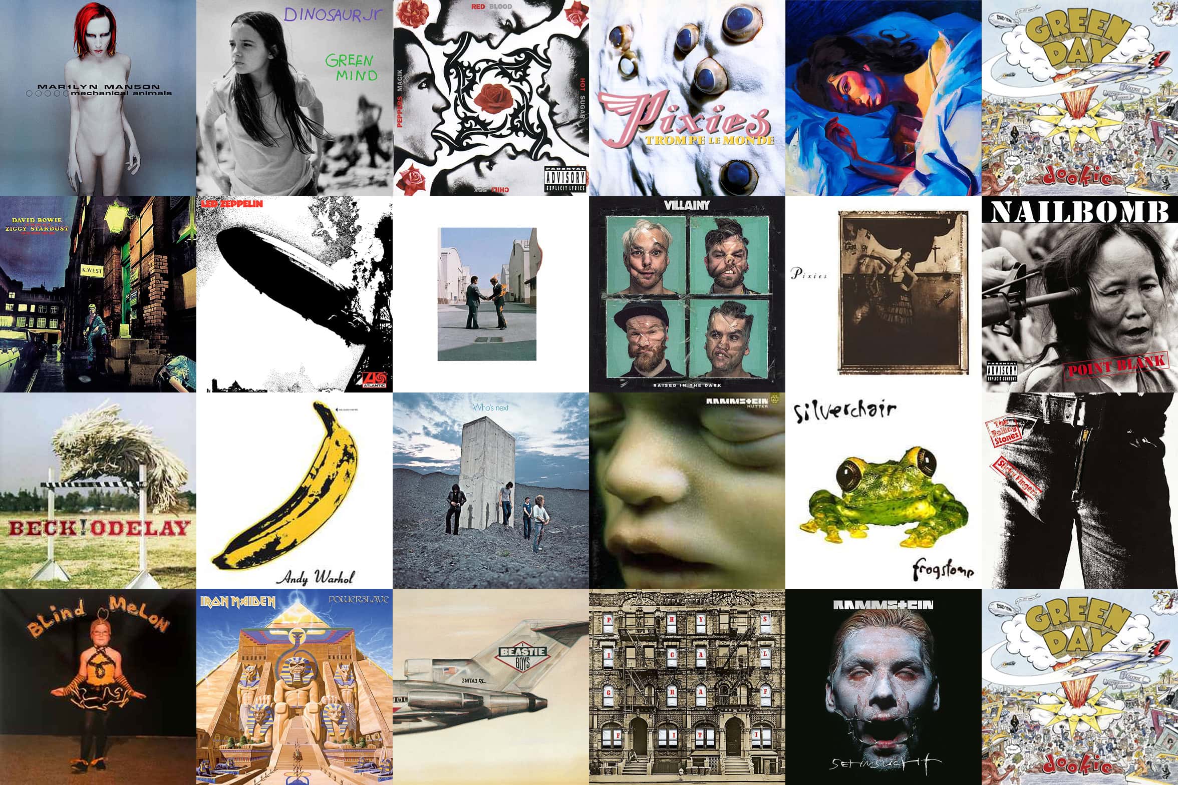 Collage grid featuring iconic album covers including Marilyn Manson, Green Day, Led Zeppelin, The Velvet Underground, The Rolling Stones, and Iron Maiden.