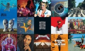 Seamless visual collage displaying famous album covers including Nirvana Nevermind, Pink Floyd, The Beatles, and Metallica.
