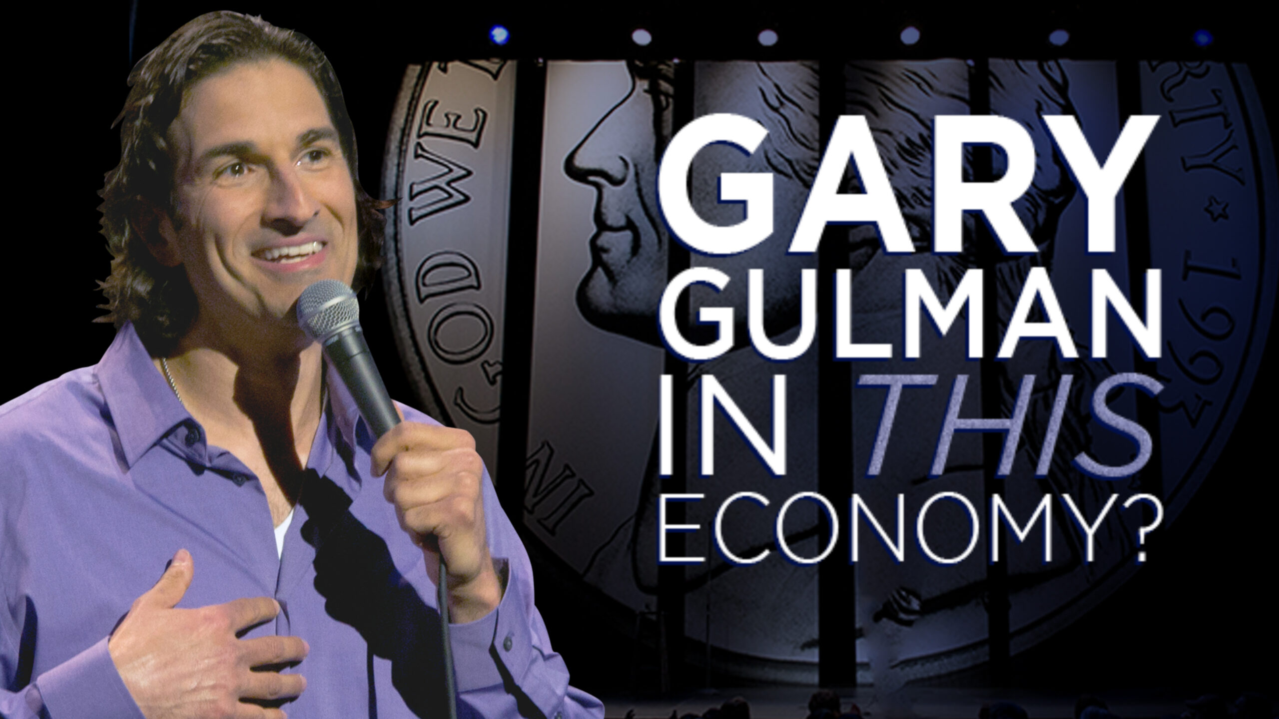 Cover art for Gary Gulman's stand-up comedy special In This Economy showing Gulman performing on stage.