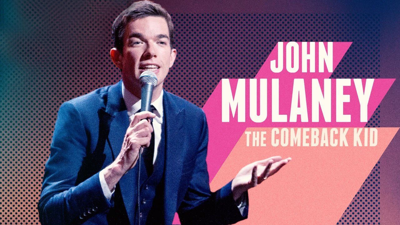 Promotional graphic for John Mulaney's stand-up comedy special The Comeback Kid showing Mulaney in a suit holding a microphone.